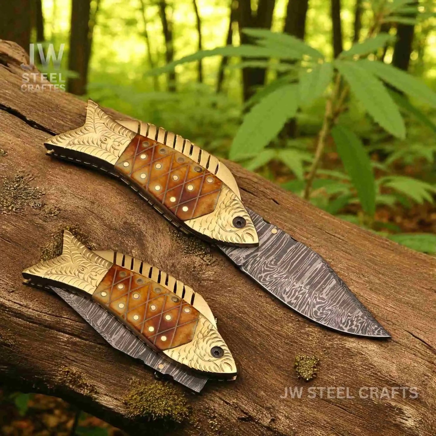 Handmade Damascus Fish Folding Knife – Bone Handle with Brass Bolster