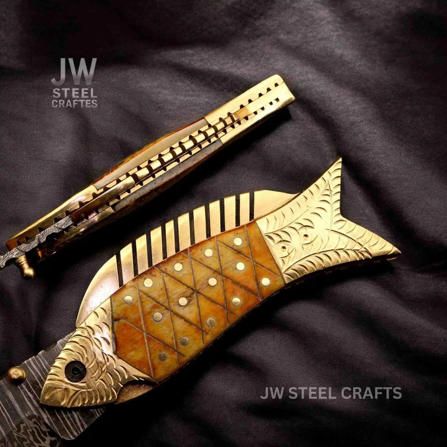 Handmade Damascus Fish Folding Knife – Bone Handle with Brass Bolster
