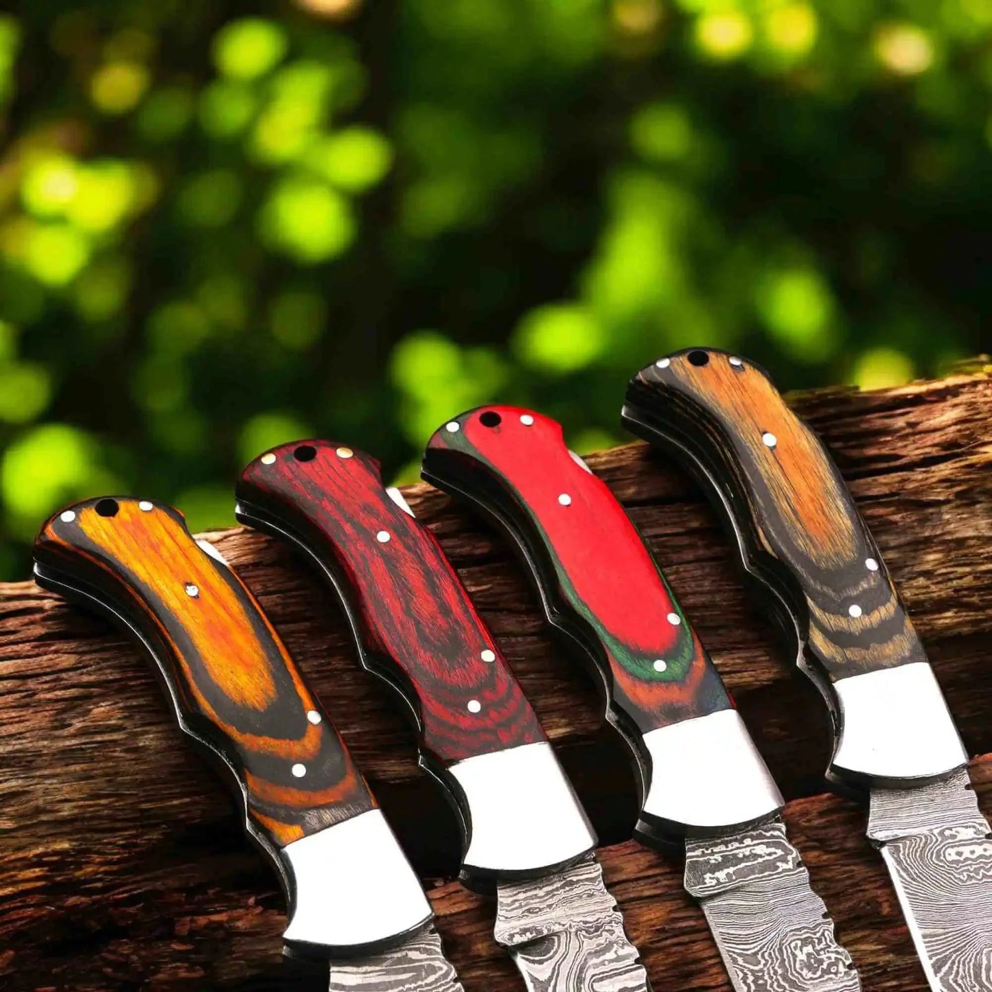 Handmade Damascus Folding Knife – Pakka Wood Handle (4 Color Variations)
