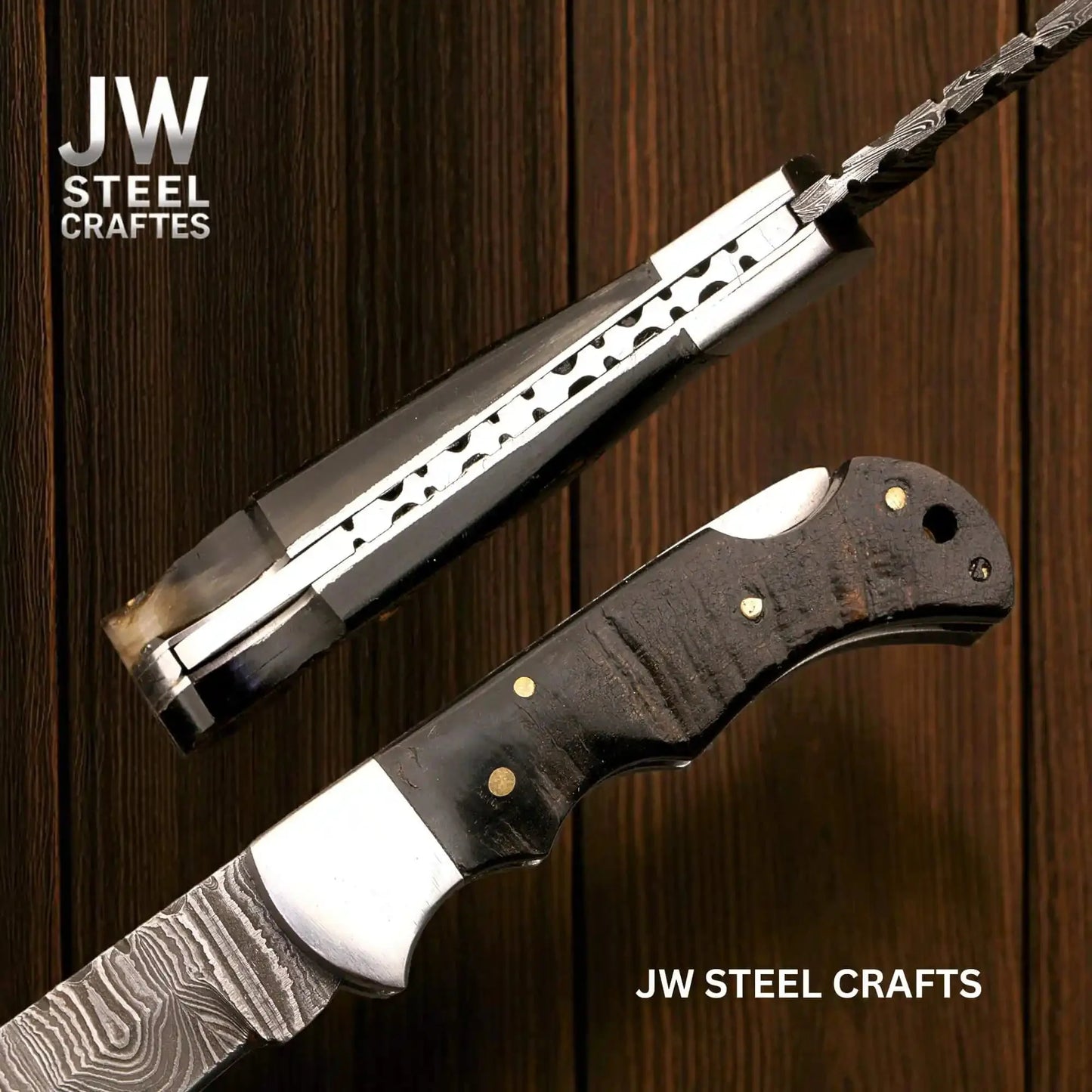 Handmade Damascus Folding Knife – Ram Horn or American Flag Handle