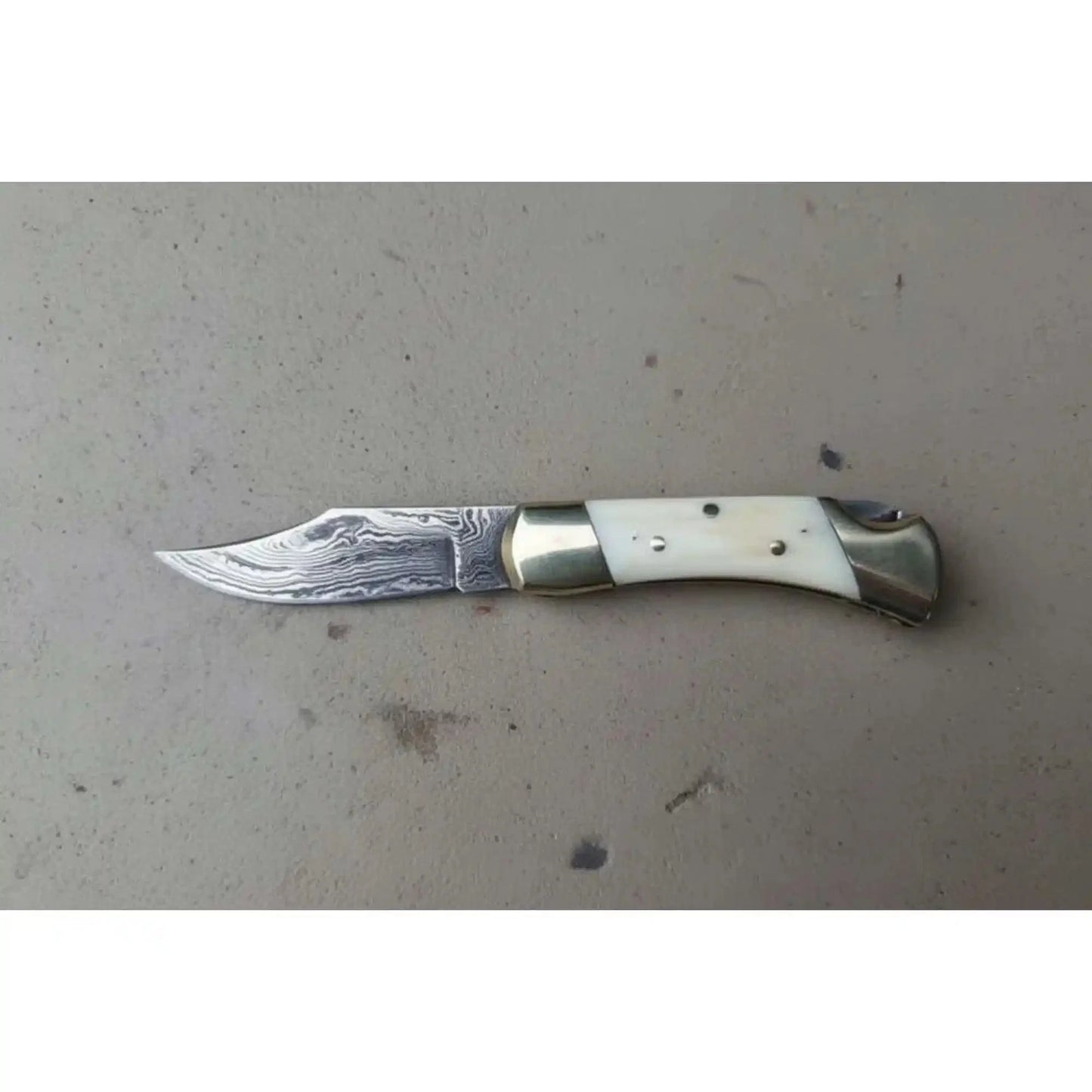 Handmade Damascus Folding Pocket Knife – Bone Handle with Brass Bolsters
