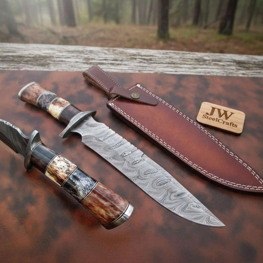 Hand-Forged Damascus Bowie Knife with Coffin Style Stacked Wood Handle