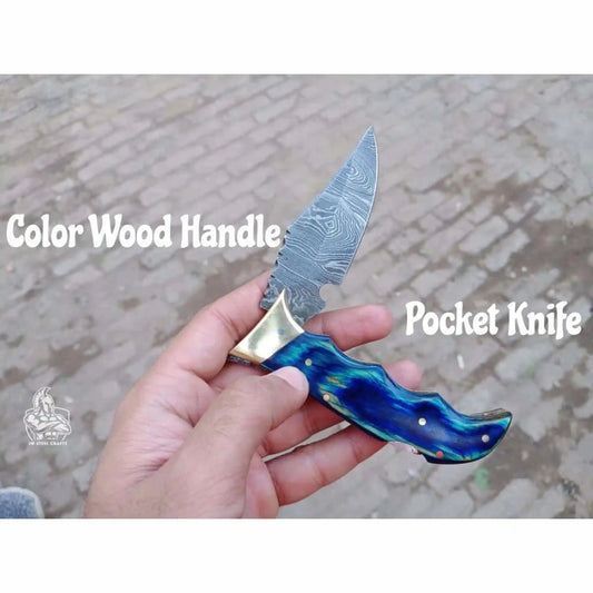 Handmade Damascus Pocket Knife | Colored Pakka Wood Folding EDC Knife