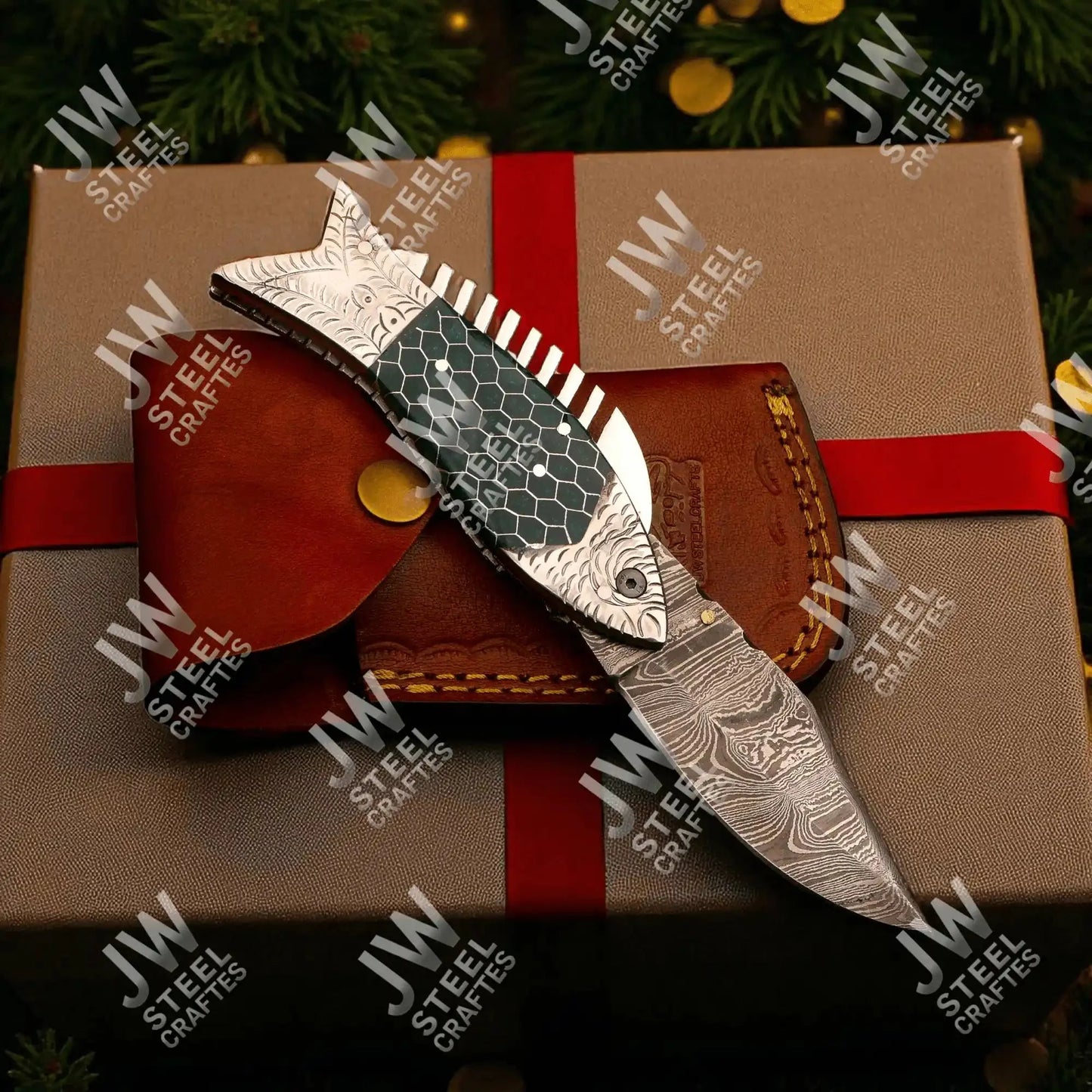 Handmade Damascus Steel Folding Knife – Green Honeycomb Handle