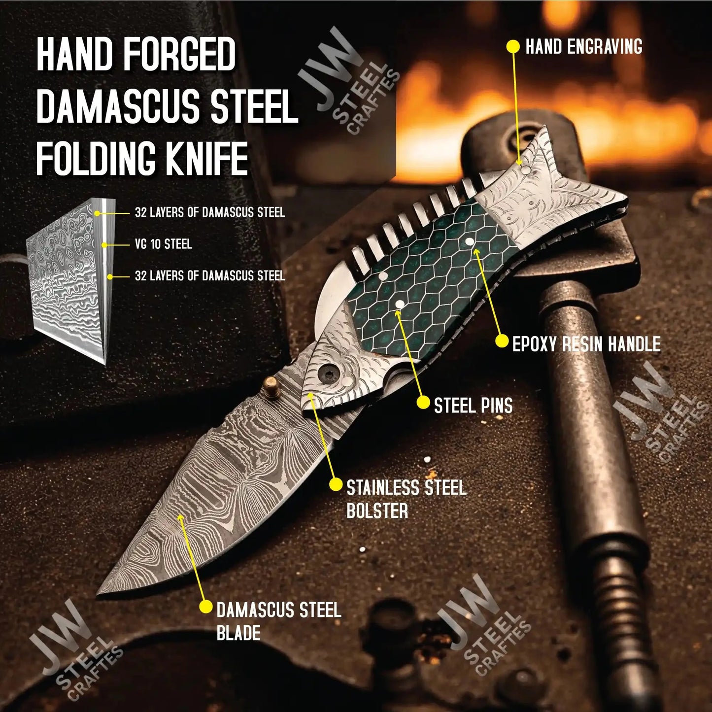Handmade Damascus Steel Folding Knife – Green Honeycomb Handle