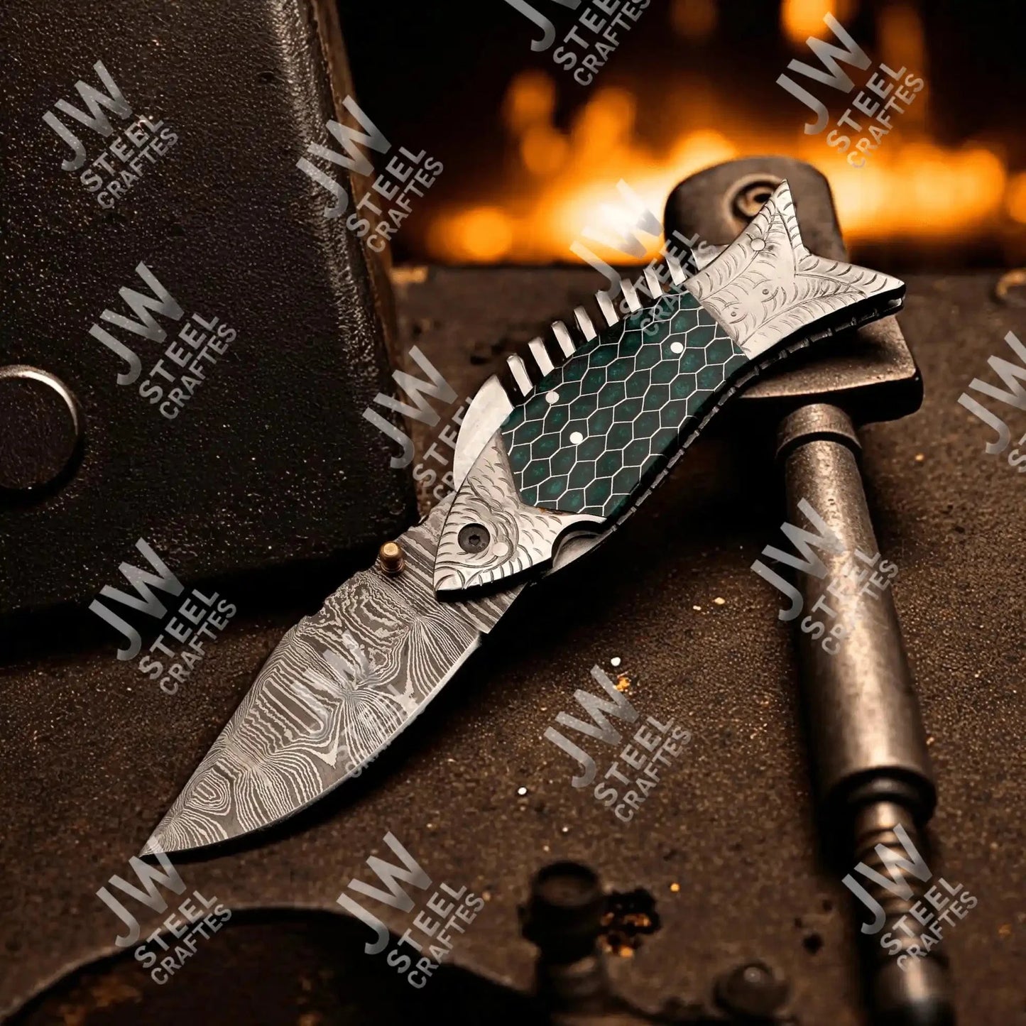 Handmade Damascus Steel Folding Knife – Green Honeycomb Handle