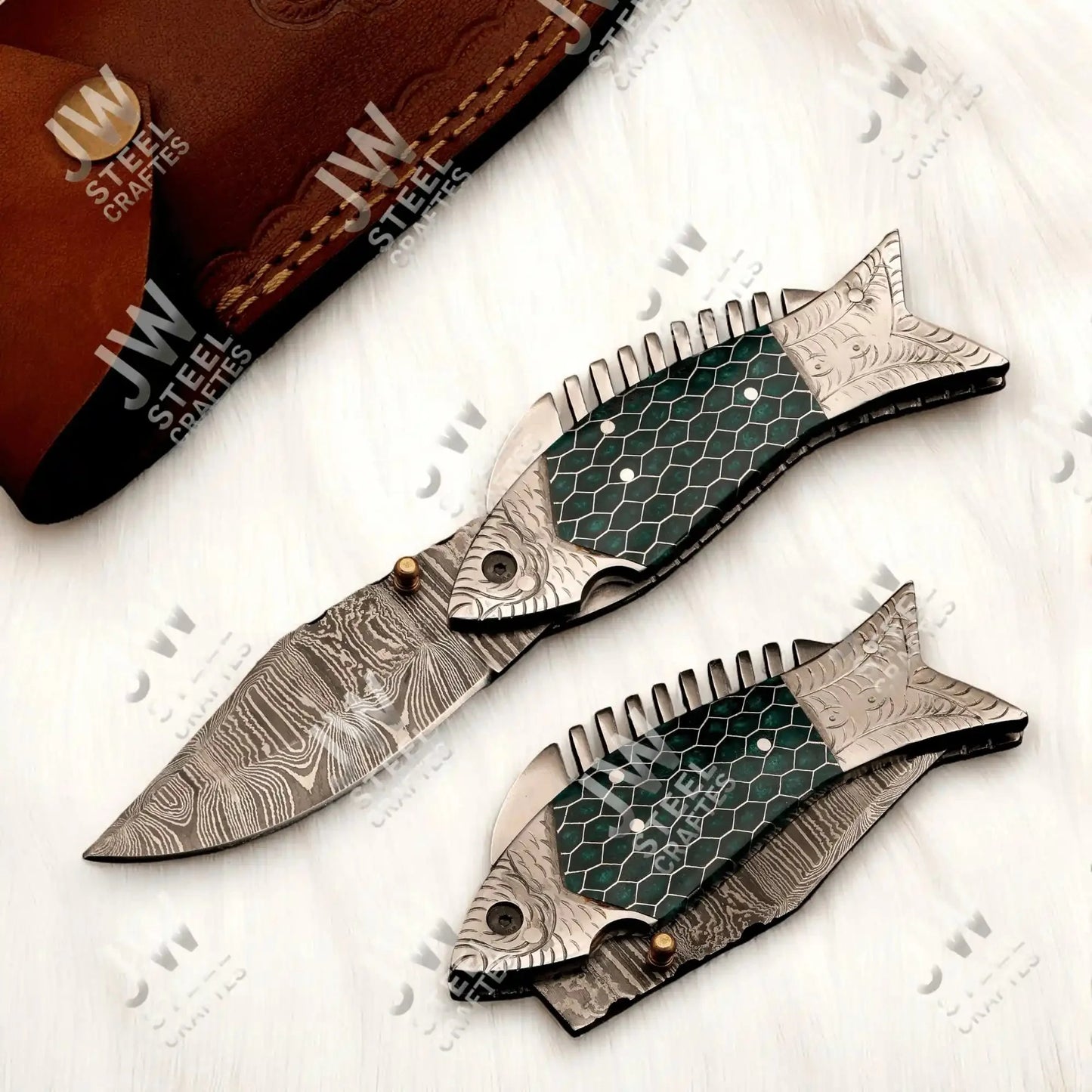 Handmade Damascus Steel Folding Knife – Green Honeycomb Handle