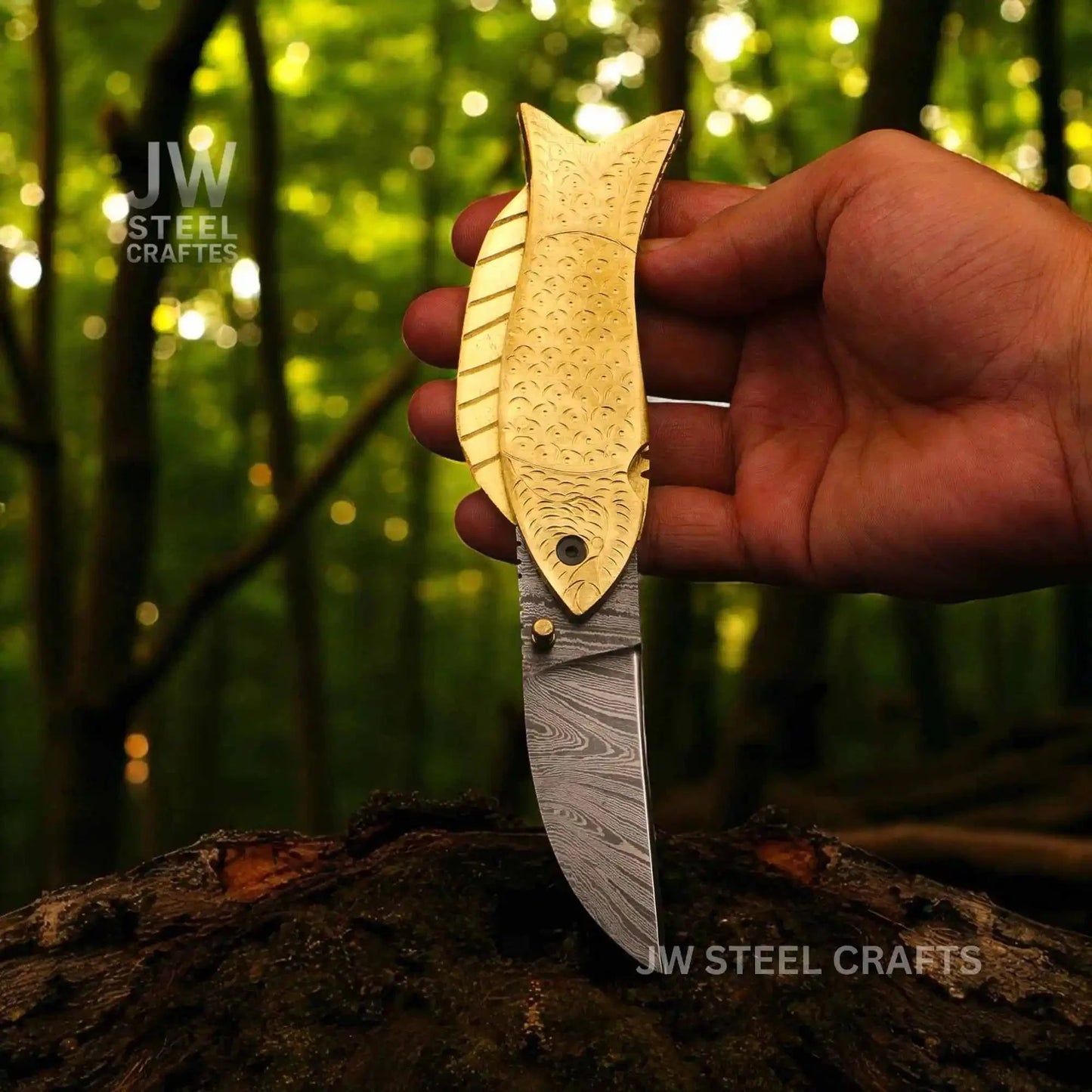 Handmade Damascus Steel Folding Knife with Engraved Brass Fish Handle