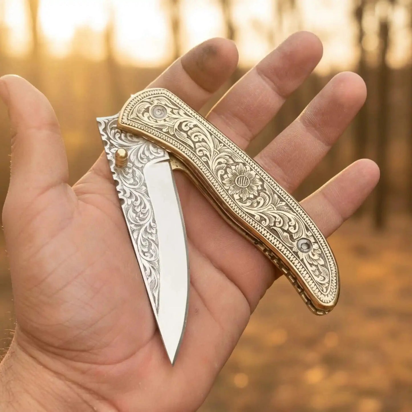 Handmade Engraved Folding Knife – Brass Handle EDC Pocket Knife