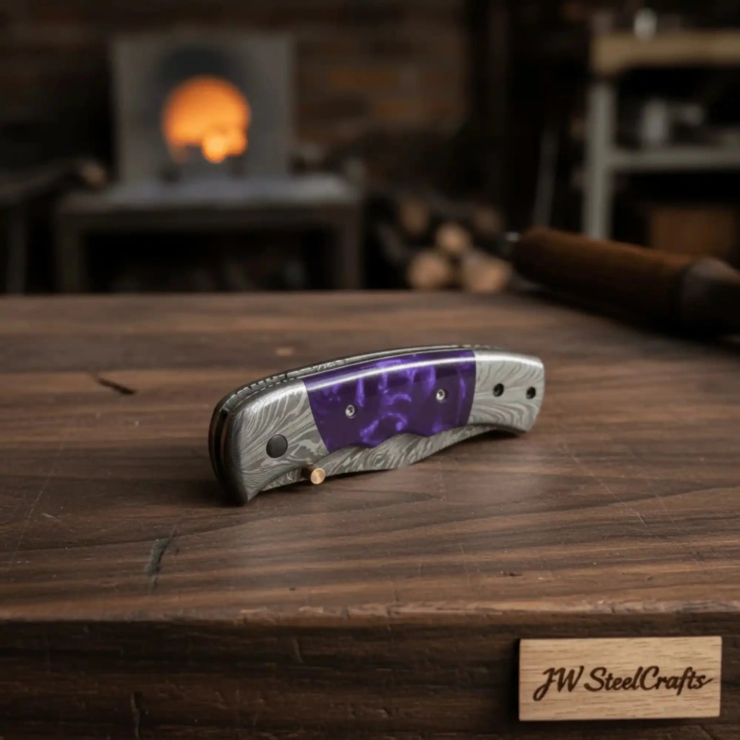 Handmade Feather Pattern Damascus Folding Knife with Purple Resin Handle & Leather Sheath
