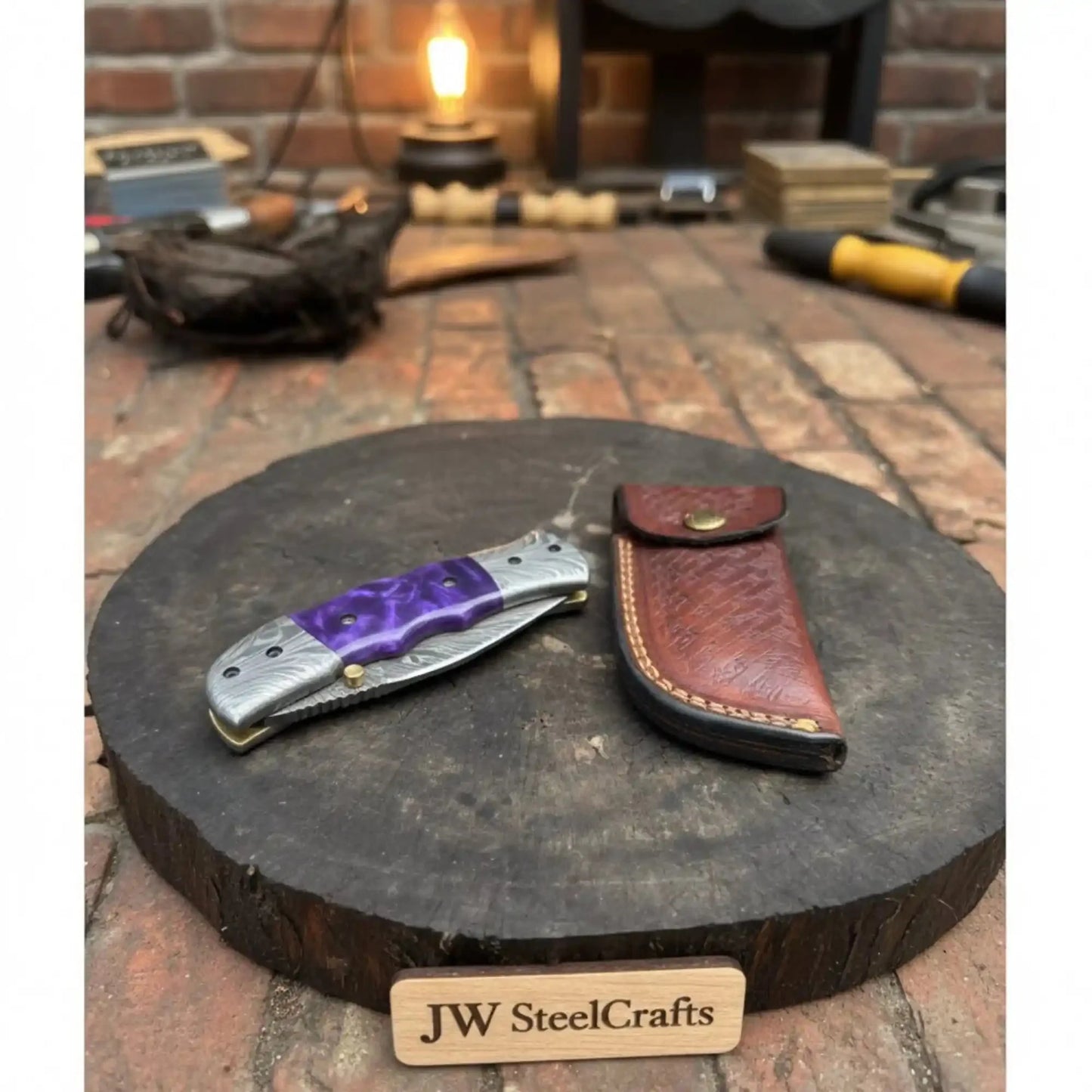 Handmade Feather Pattern Damascus Folding Knife with Purple Resin Handle & Leather Sheath