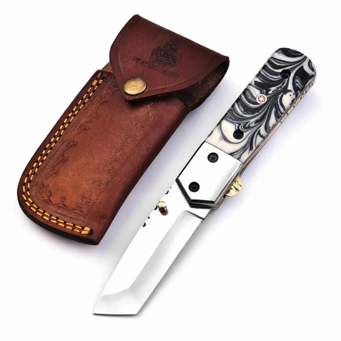 Handmade Folding Knife – Marble Resin Handle with Cleaver-Style Blade