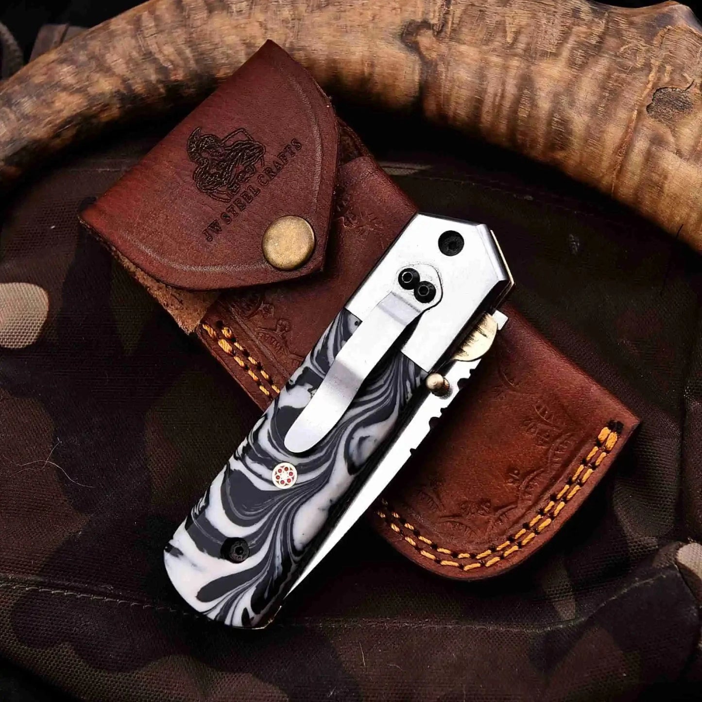 Handmade Folding Knife – Marble Resin Handle with Cleaver-Style Blade