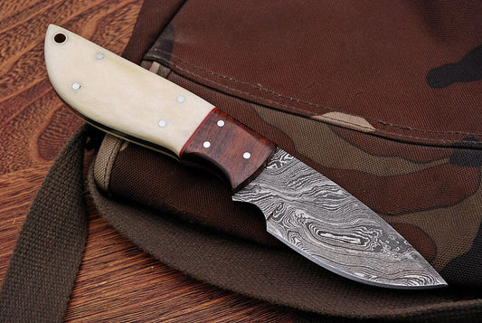 Custom Handmade Damascus Steel Deer Skinning Knife with Rosewood & Bone Handle, 8-inch