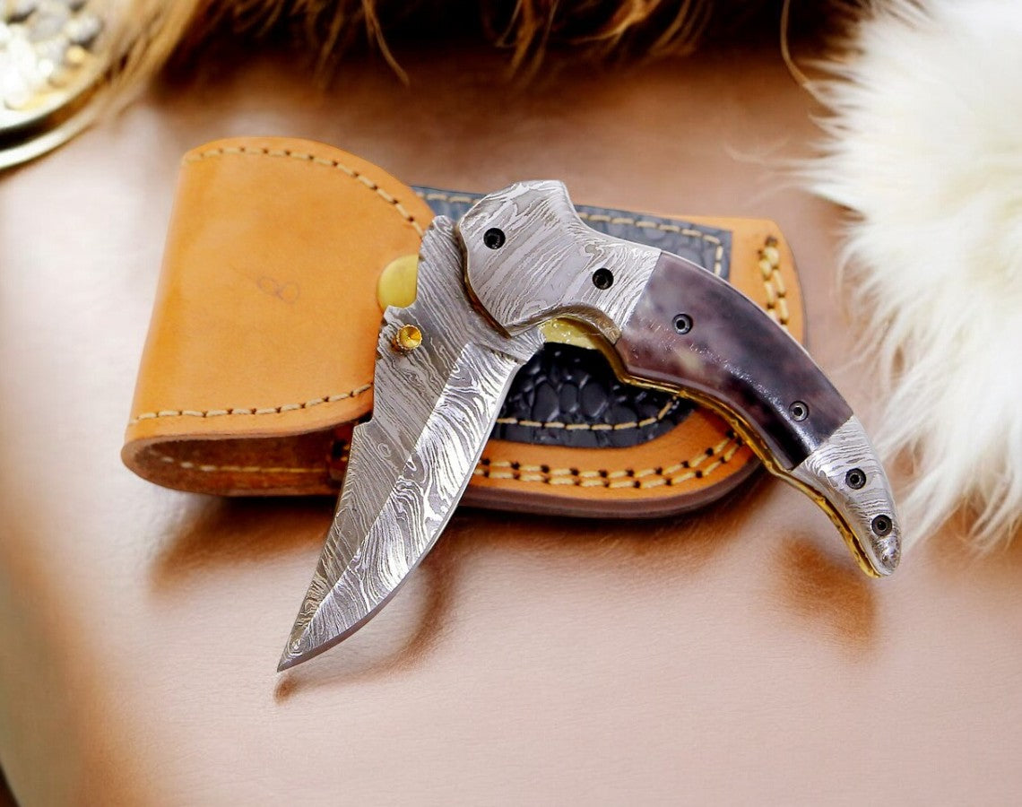 Custom Handmade Damascus Steel Pocket Knife – 3" Blade