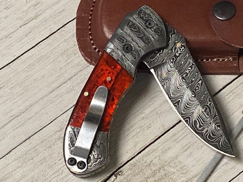 Best Folding Pocket Knife with Pocket Clip and Epoxy Resin Handle, 3.2 Inches Blade Length and Leather Case - For Sale by KBS Knives Store