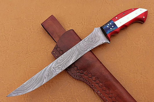 Handmade Damascus Steel Fillet-Boning Knife with Texas Flag Red-Blue Exotic Wood and Bone Handle - 13 Inch Overall Length