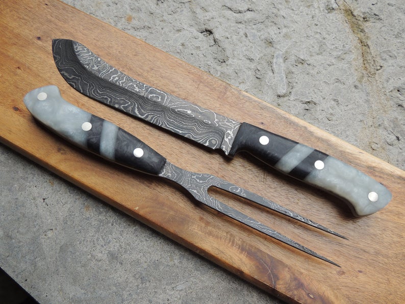 DAMASCUS STEEL STEAK AND FORK KNIFE SET