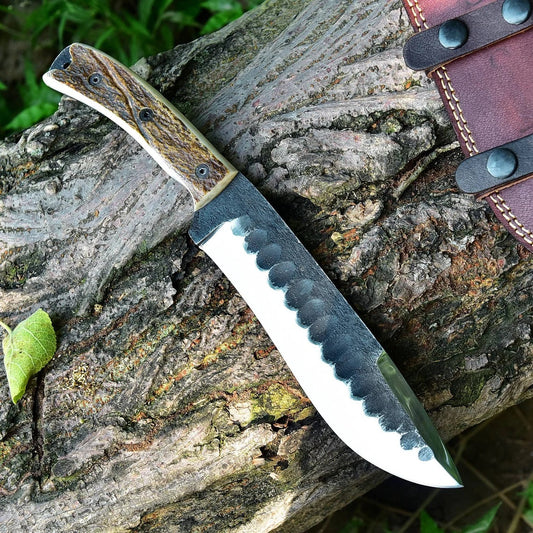 Frontier Survival Camping Knife – 12" Custom Handmade High Carbon Forged Steel Blade with Antler Horn Handle