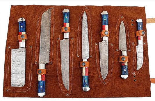 Lone Star Legacy: 7-Piece Kitchen Knives Set with Twist Damascus Steel Blades, Texas Flag Style Handles, Exotic Wood and Bone, and Leather Roll