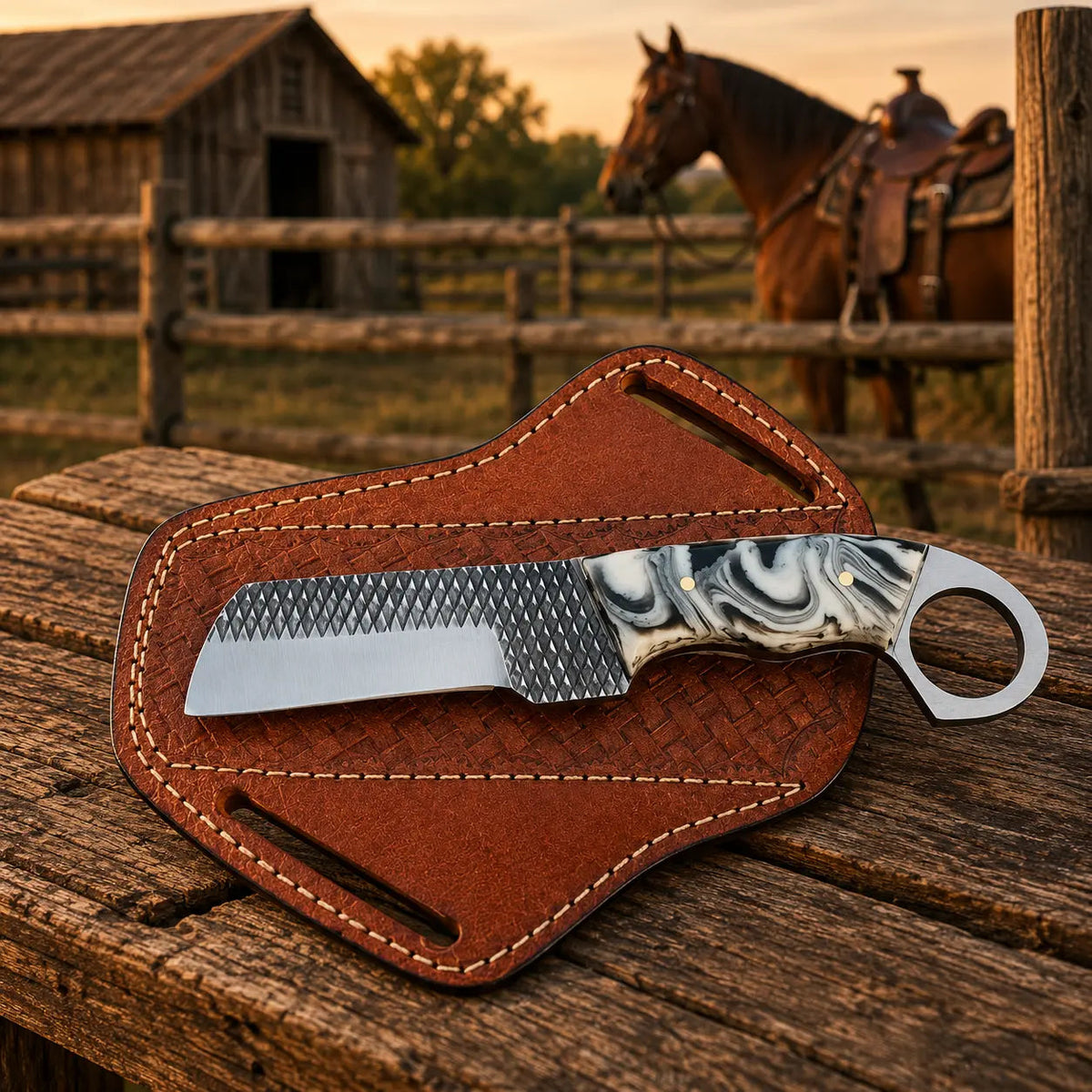 Ironranch Bull Cutter Knife – Rasp Steel, Resin Handle & Leather Sheath