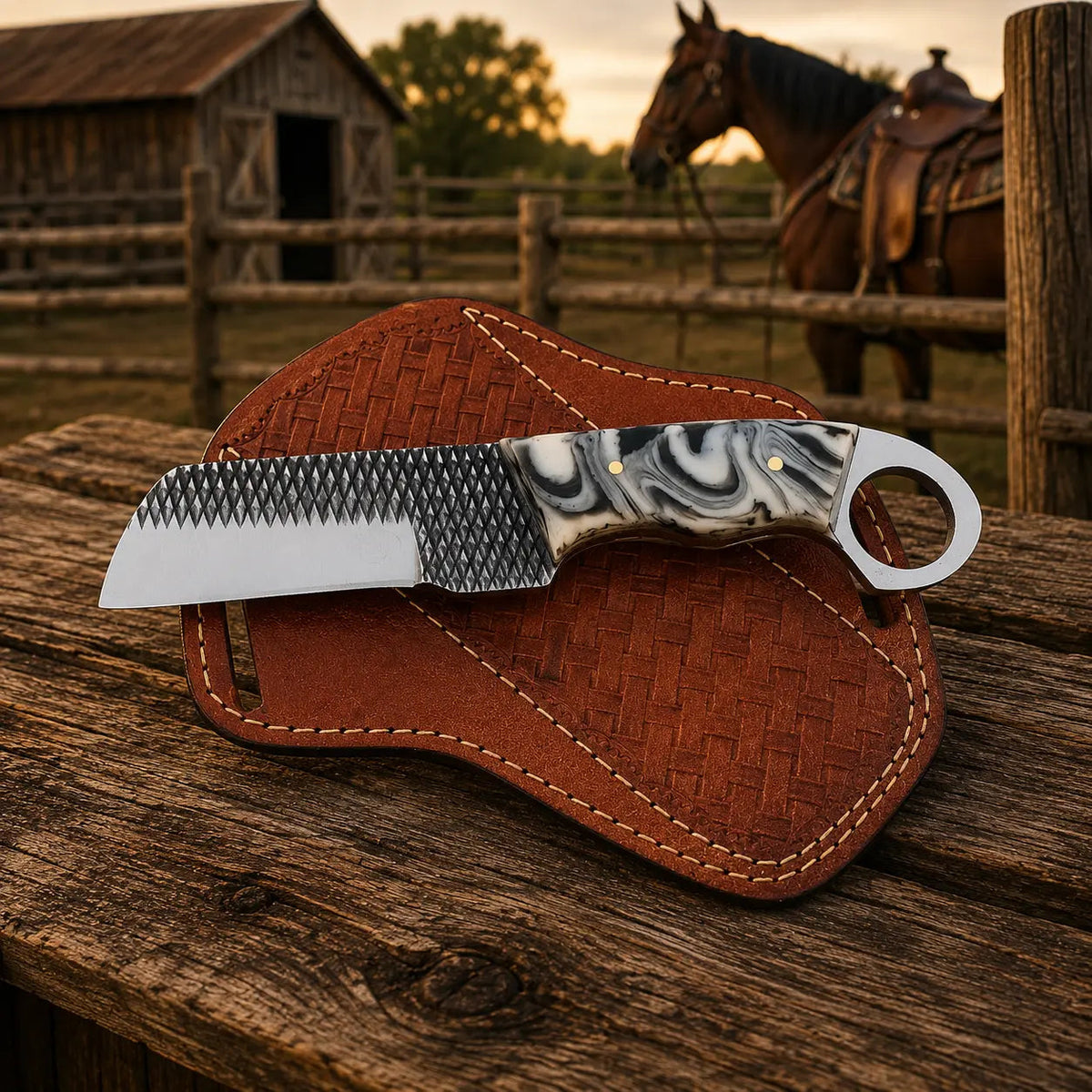 Ironranch Bull Cutter Knife – Rasp Steel, Resin Handle & Leather Sheath