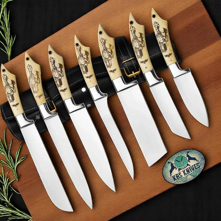 Legacy Bone Series – 7-Piece Stainless Knife Set with Engraved Bone Handles & Steel Bolsters