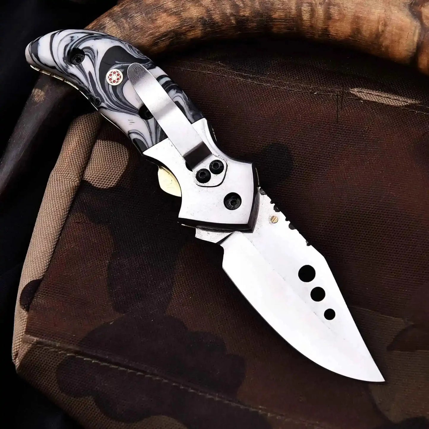 Marble Resin Handle Folding Pocket Knife w/ Leather Sheath | JW SteelCrafts