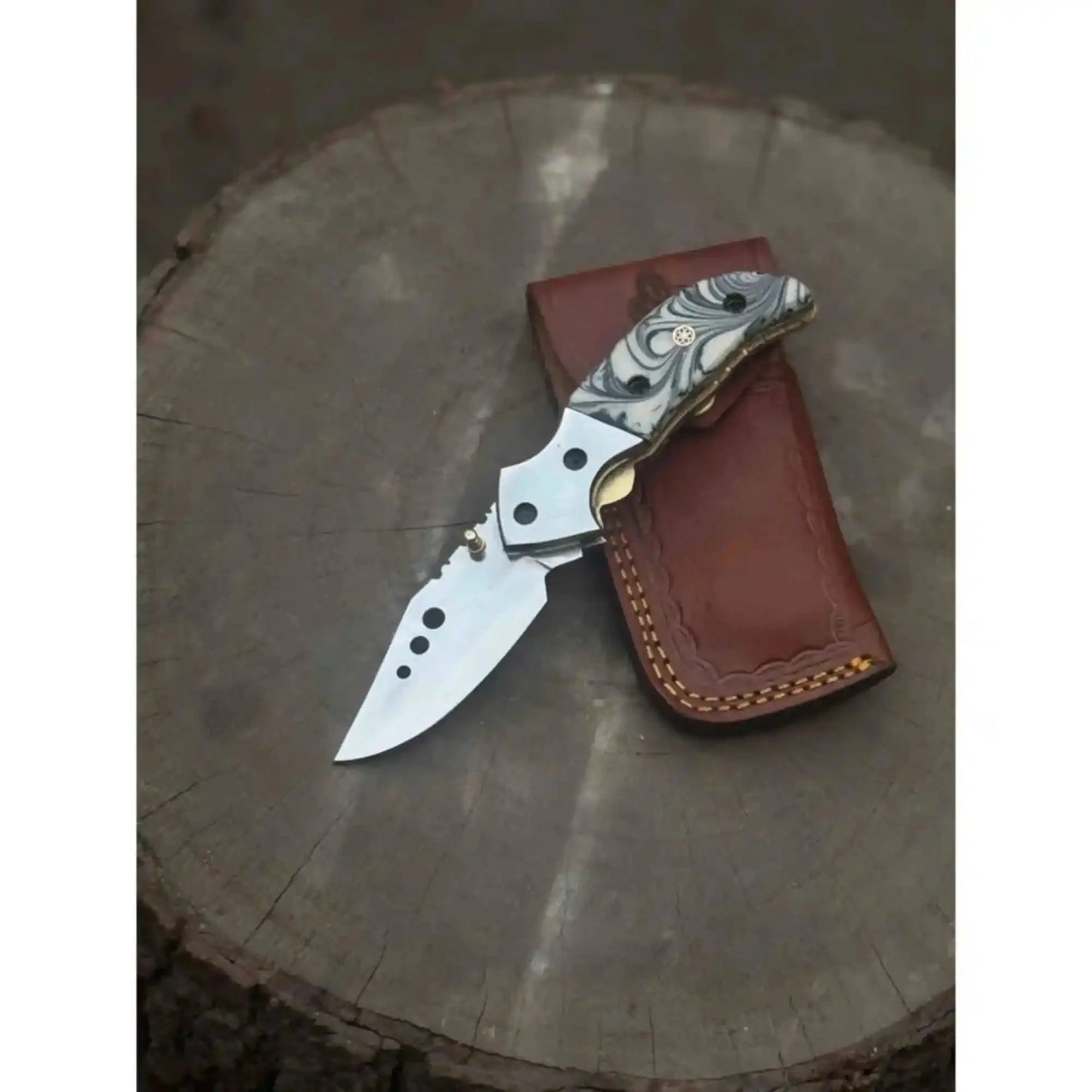 Marble Resin Handle Folding Pocket Knife w/ Leather Sheath | JW SteelCrafts
