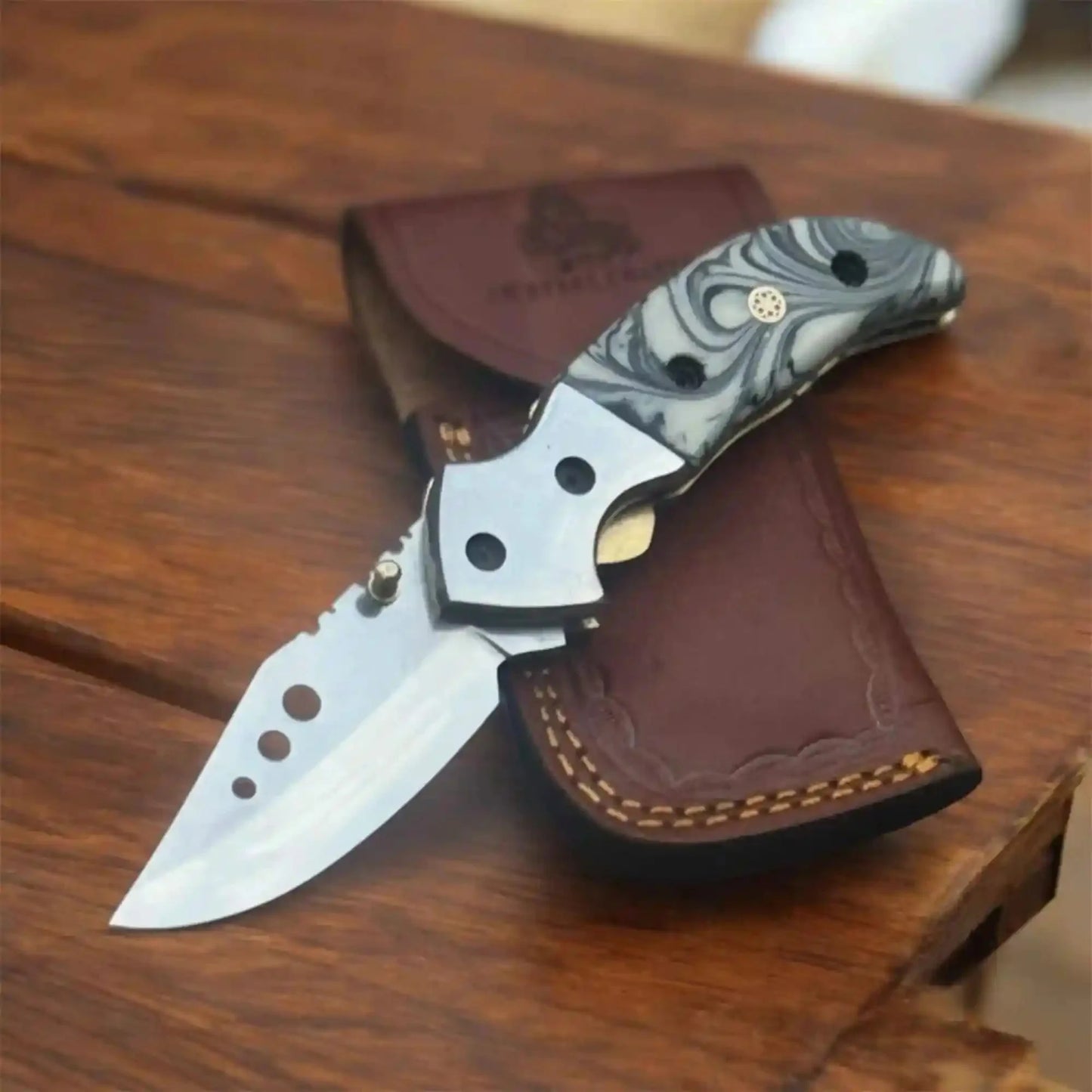 Marble Resin Handle Folding Pocket Knife w/ Leather Sheath | JW SteelCrafts