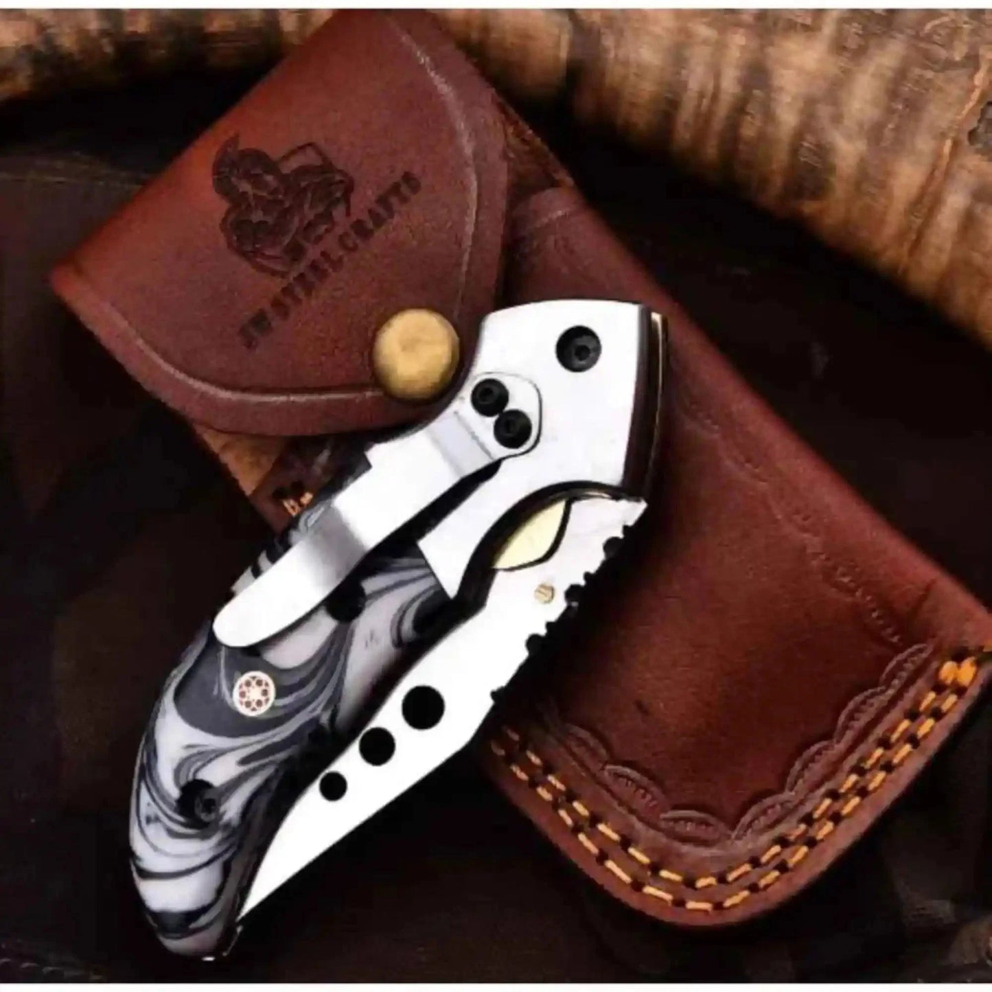 Marble Resin Handle Folding Pocket Knife w/ Leather Sheath | JW SteelCrafts