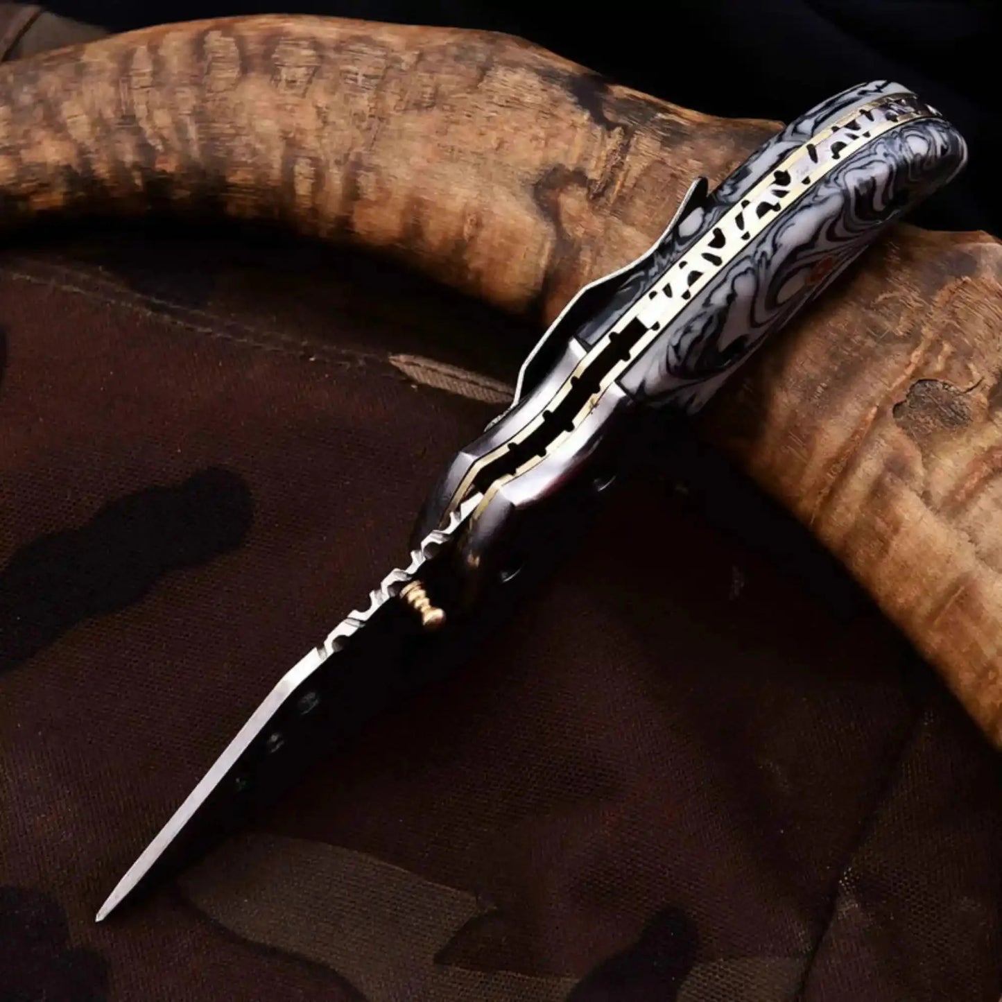 Marble Resin Handle Folding Pocket Knife w/ Leather Sheath | JW SteelCrafts