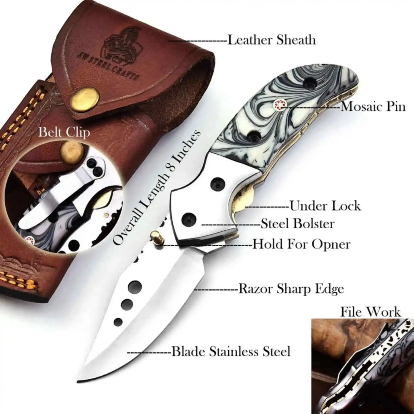 Marble Resin Handle Folding Pocket Knife w/ Leather Sheath | JW SteelCrafts