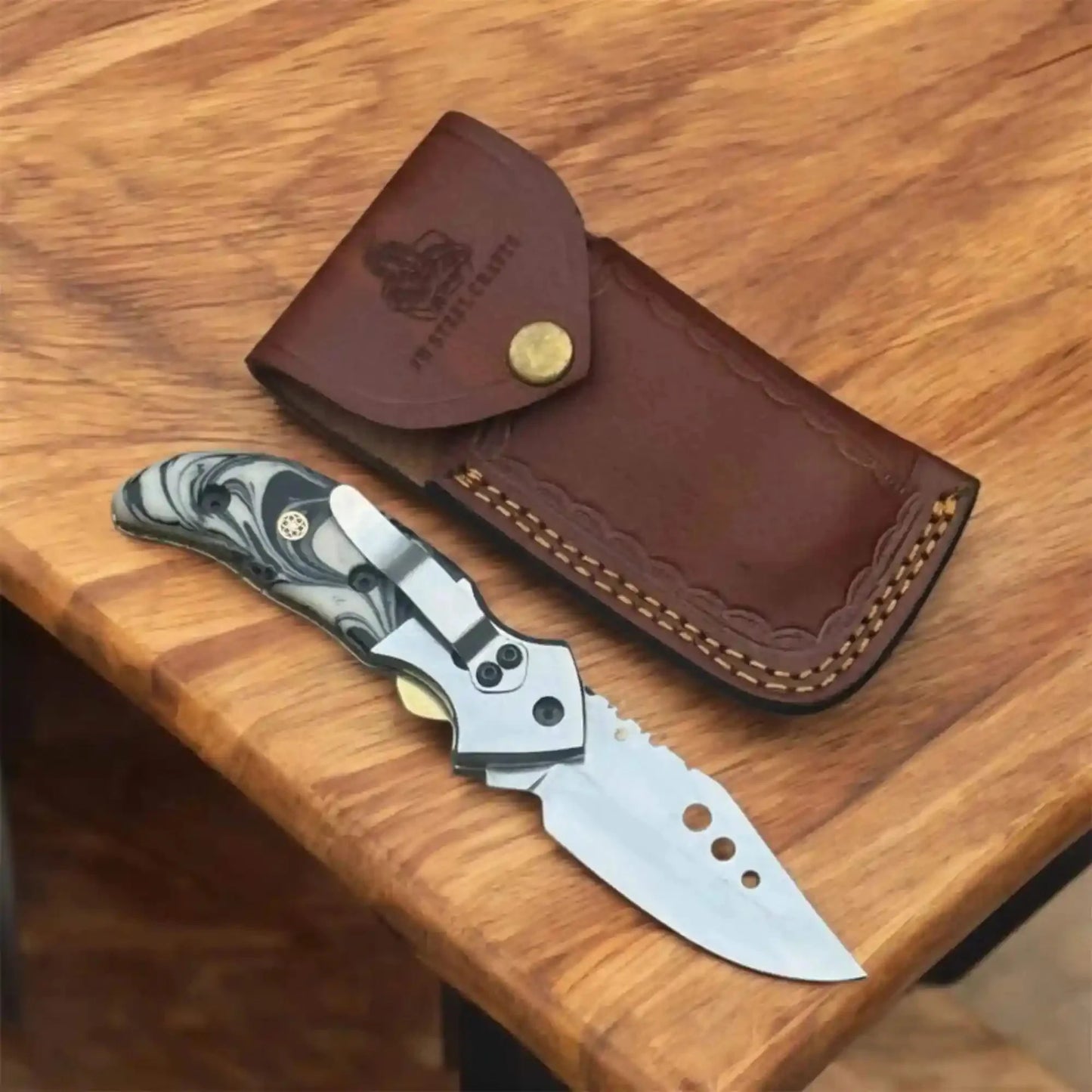 Marble Resin Handle Folding Pocket Knife w/ Leather Sheath | JW SteelCrafts