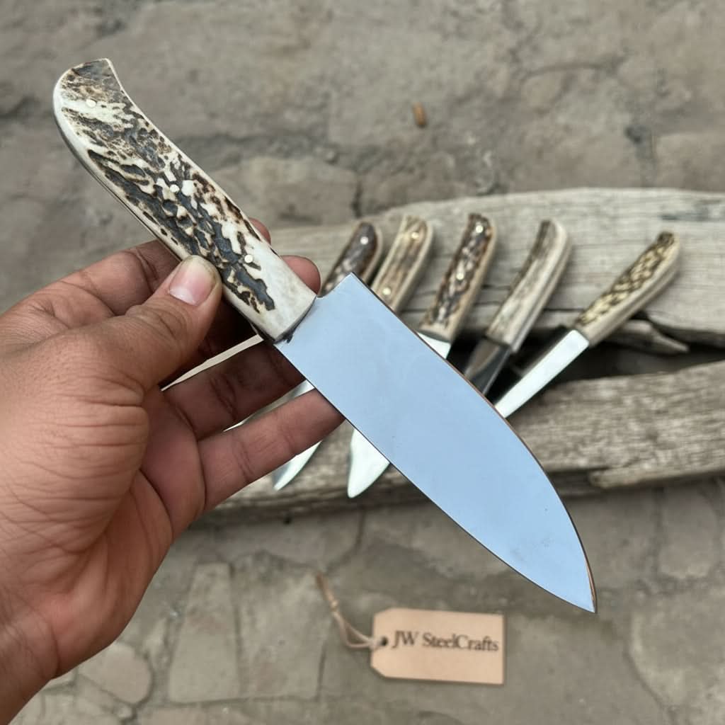 6-Piece High Carbon Steel Chef Knife Set — Synthetic Stag Antler Handles, Brass Pins & Satin Finish Blades