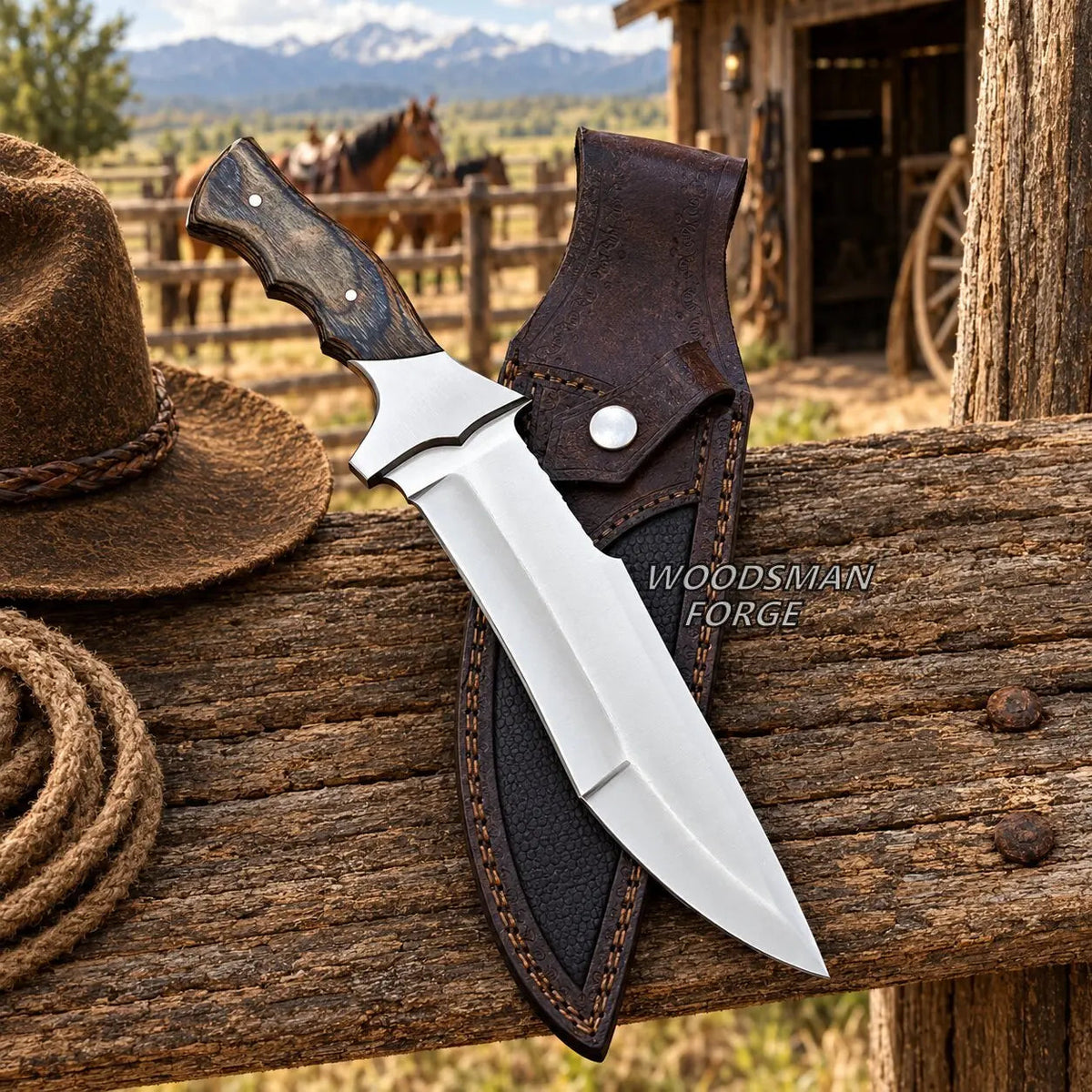 Oakspire D2 Steel Bowie Knife – 13" Hardwood Handle & Leather Sheath