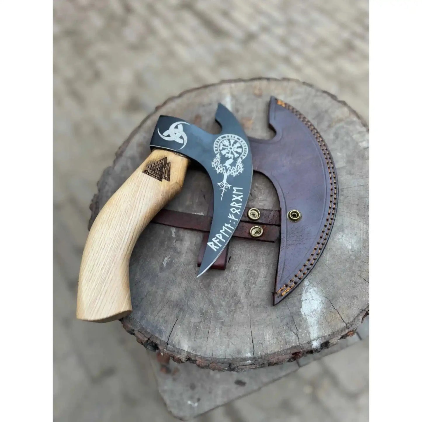 Product: Viking Style Engraved Bearded Axe – Oak Wood Handle