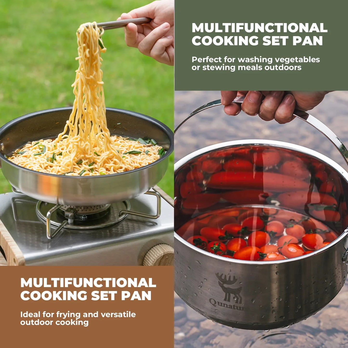 304 Stainless Steel 5-Piece Camping Cookware Set with Teflon Coating