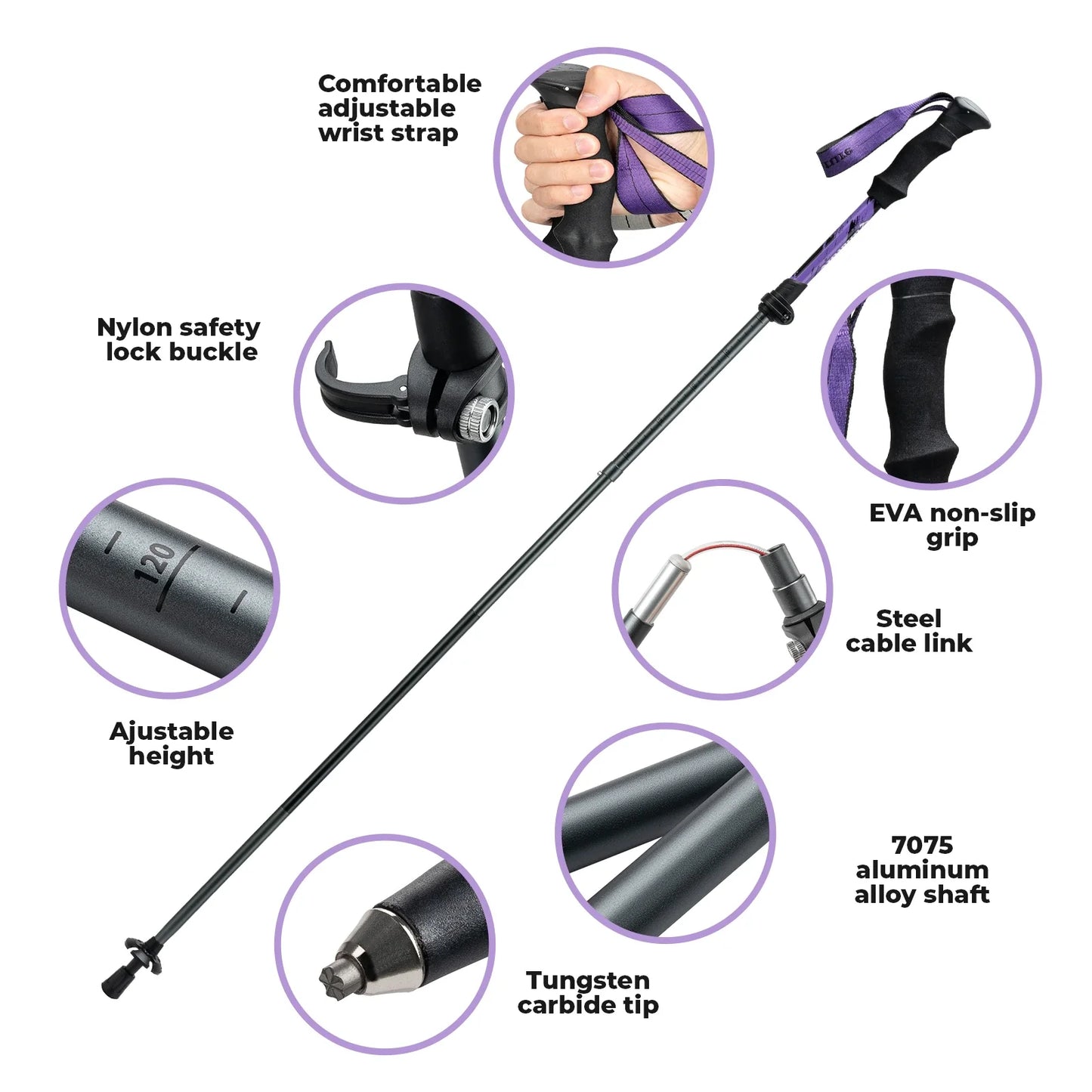 Foldable Lightweight Aluminum Trekking Pole with Adjustable Height and Grip