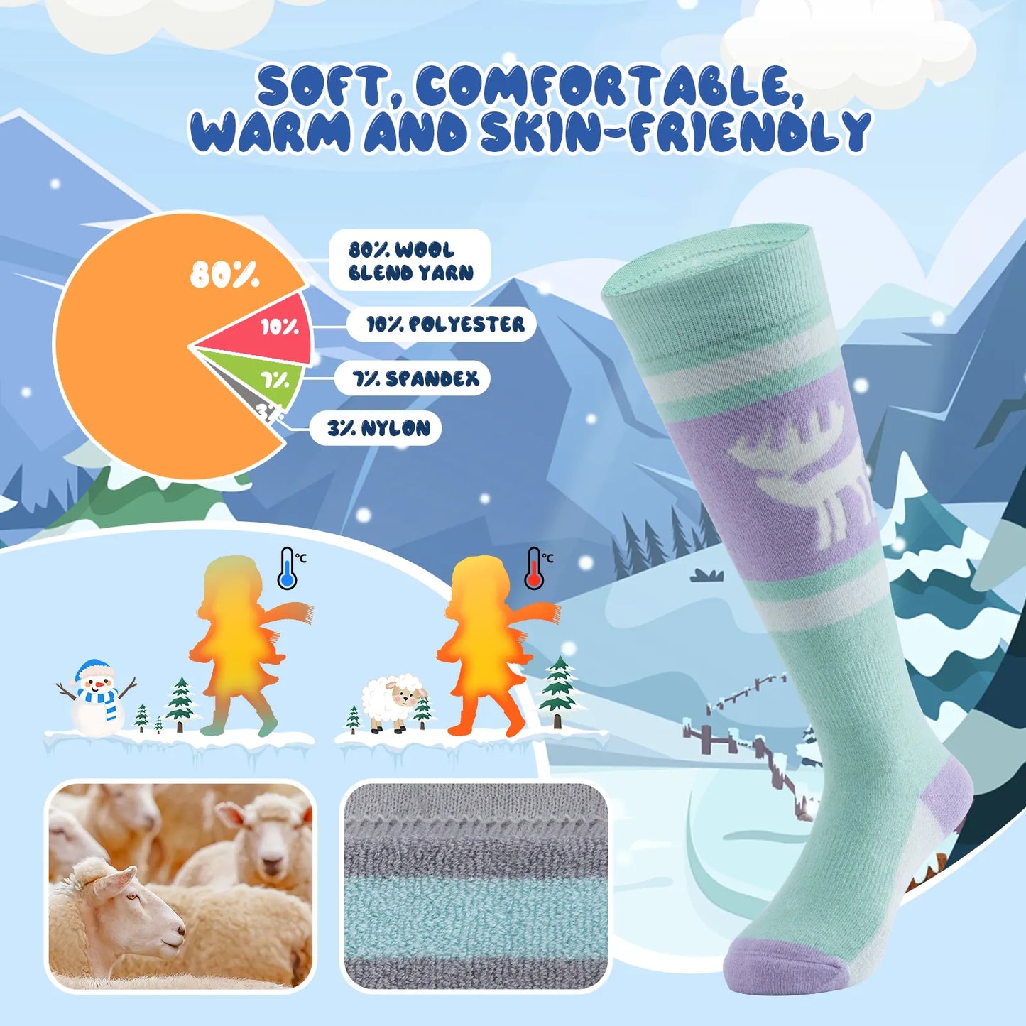 Wool Blend Kids Ski Socks, Knee-high Warm Thermal Snowboard Skating Socks for Boys & Girls