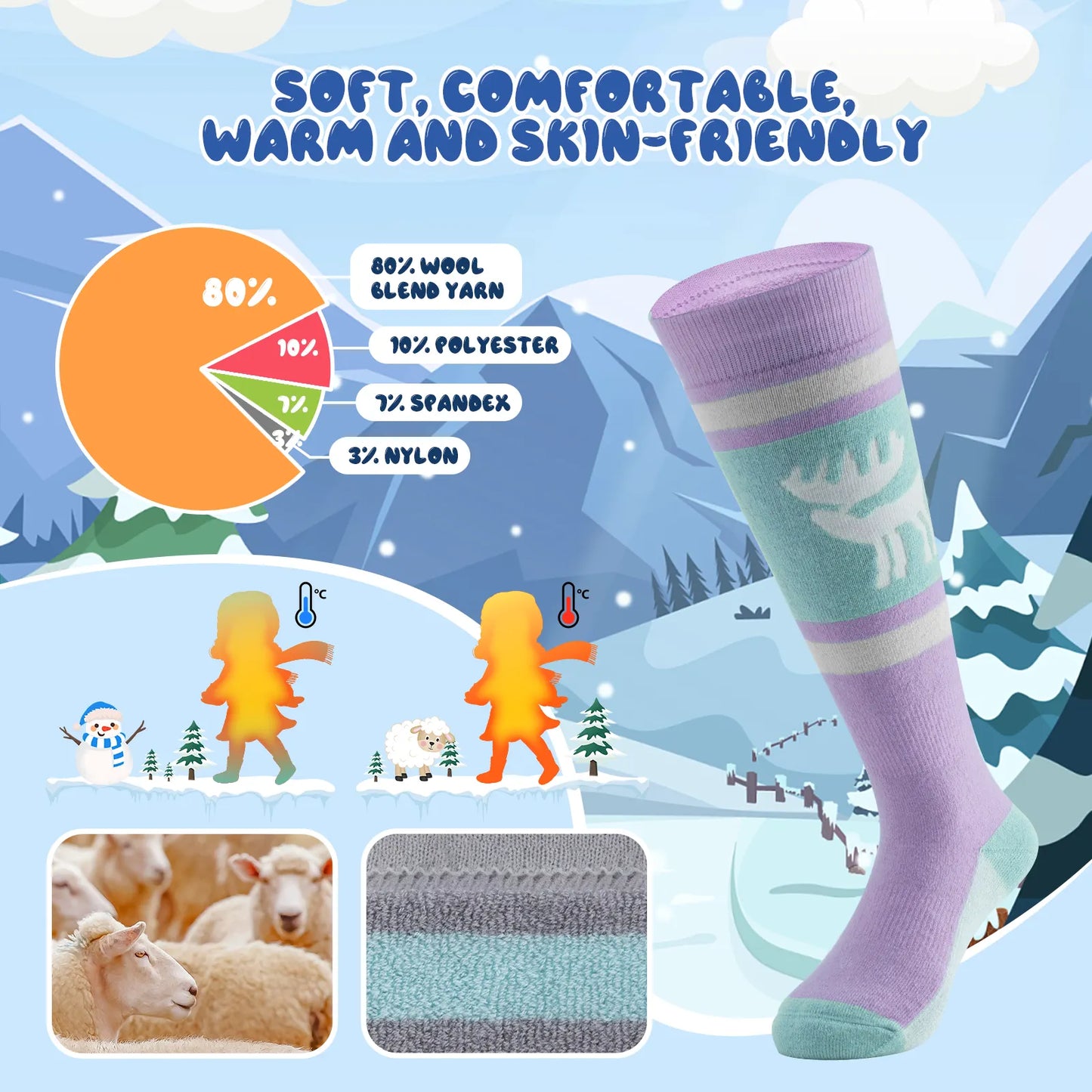 Wool Blend Kids Ski Socks, Knee-high Warm Thermal Snowboard Skating Socks for Boys & Girls
