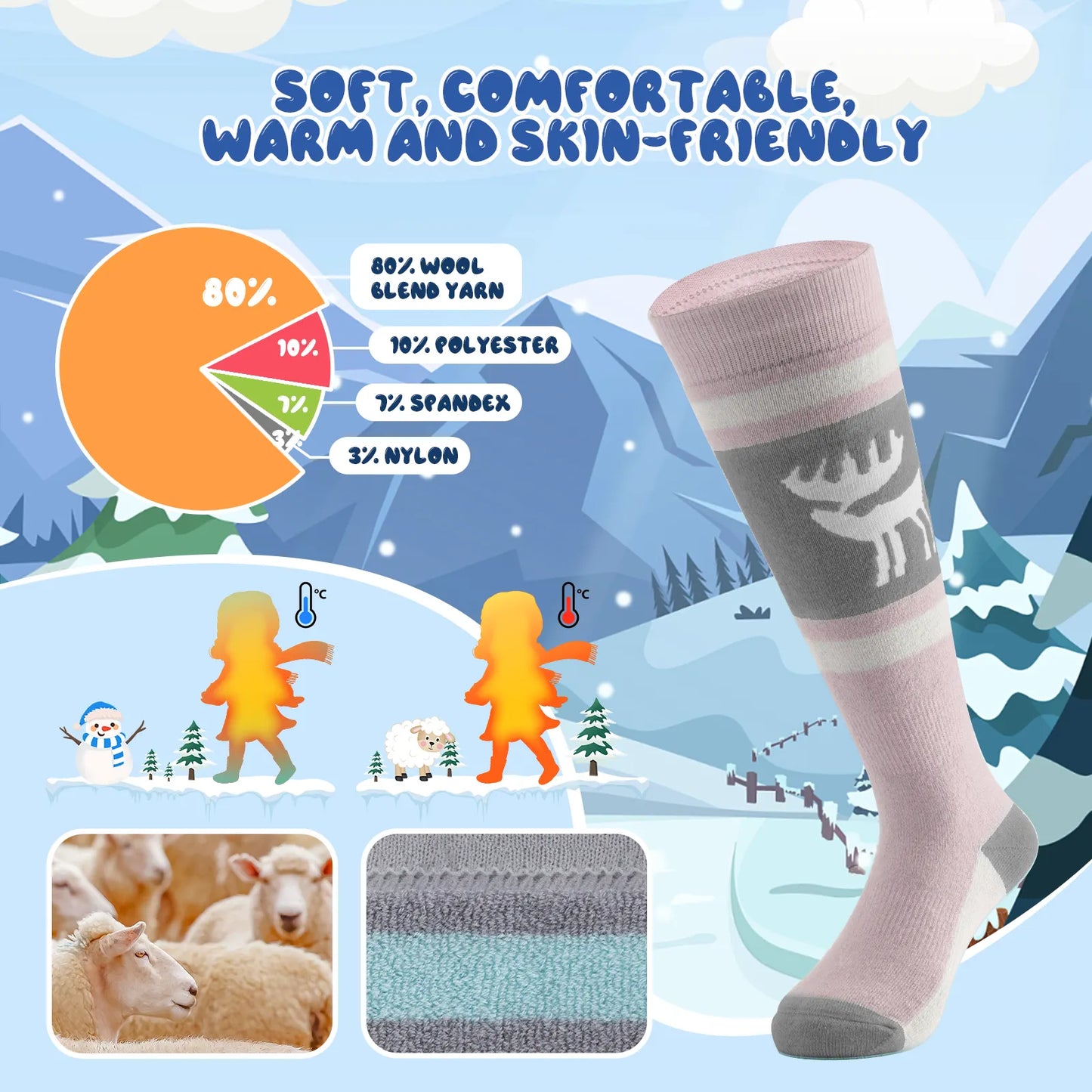 Wool Blend Kids Ski Socks, Knee-high Warm Thermal Snowboard Skating Socks for Boys & Girls