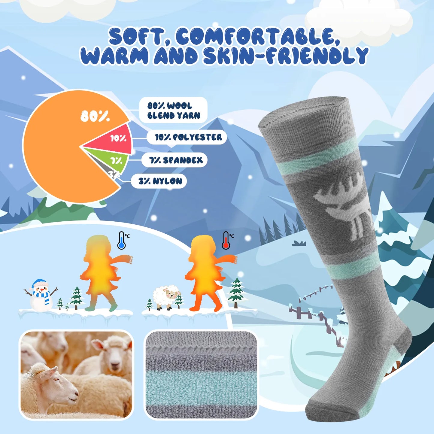 Wool Blend Kids Ski Socks, Knee-high Warm Thermal Snowboard Skating Socks for Boys & Girls