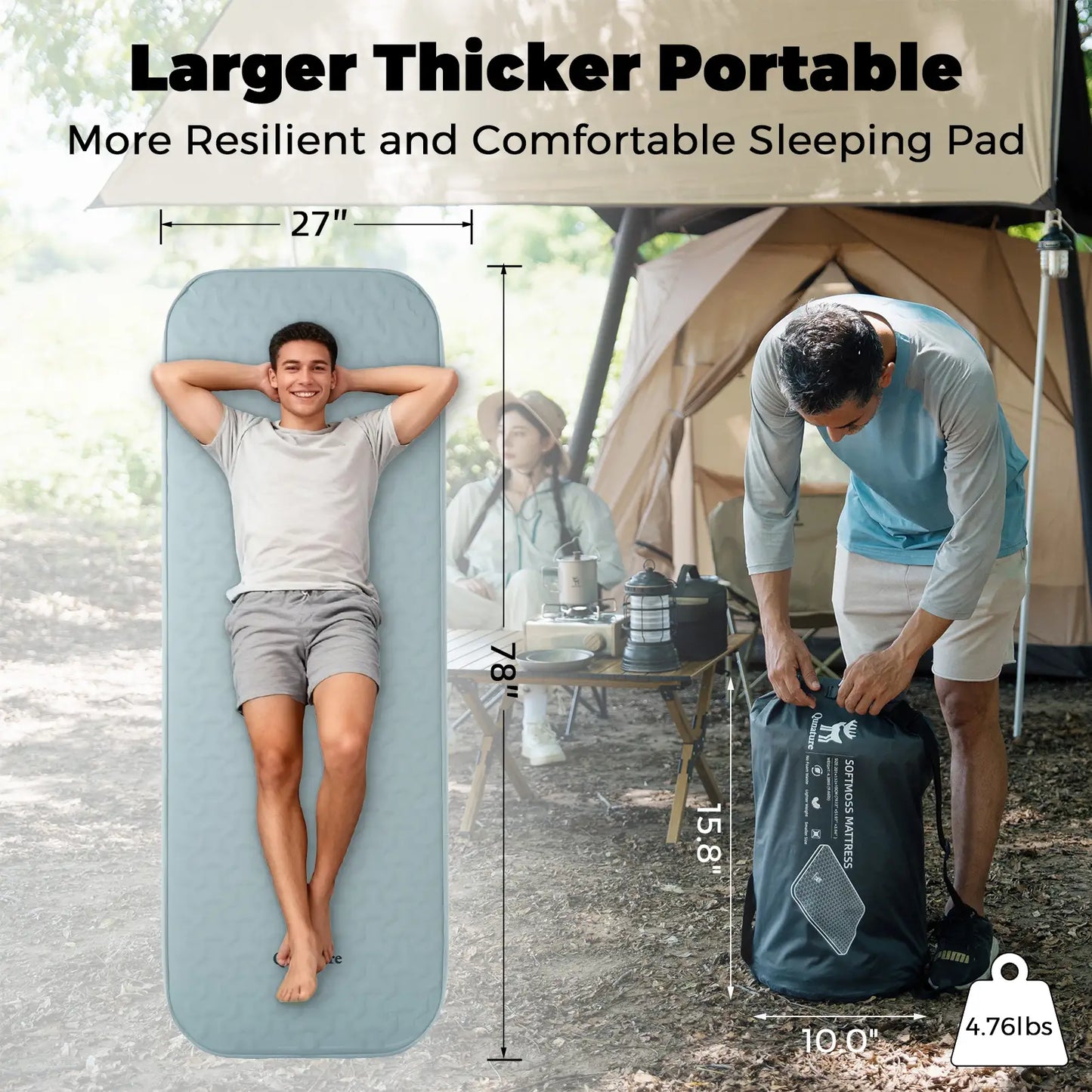 4" Thick Portable Inflating Sleeping Pad with Foam for Camping