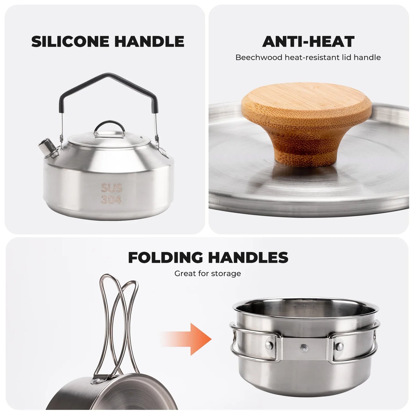 Stainless Steel Tea Set with Foldable Pot and Kettle for Outdoor Adventures