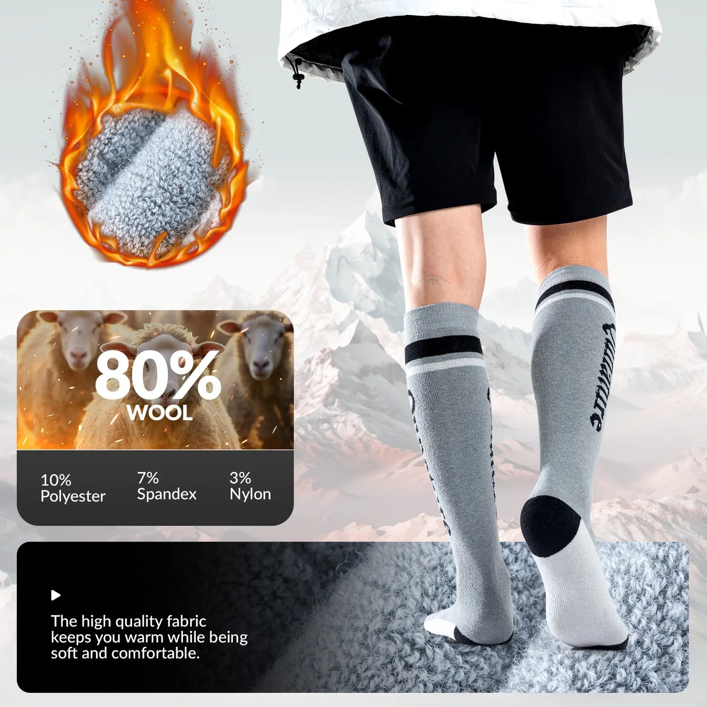 Thermal Wool Blend Ski Socks, Cold Weather Knee-high Warm Socks for Winter