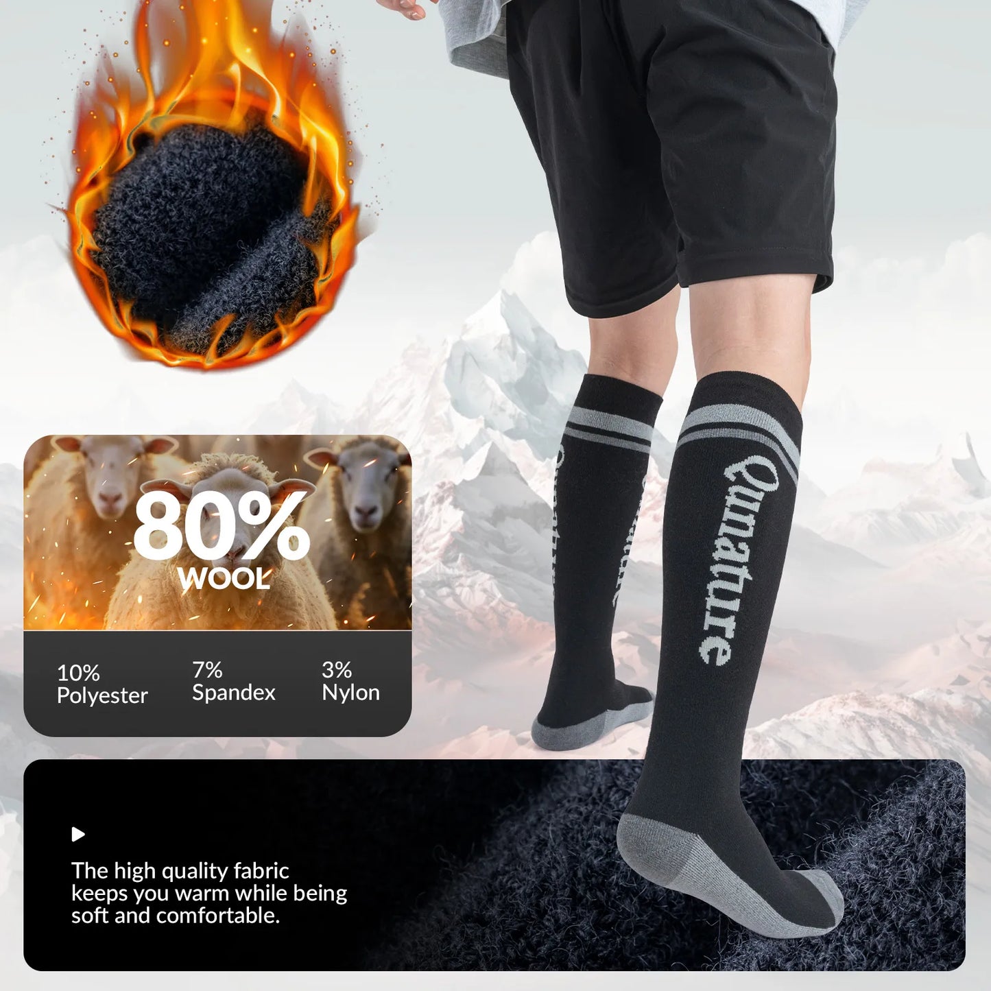 Thermal Wool Blend Ski Socks, Cold Weather Knee-high Warm Socks for Winter