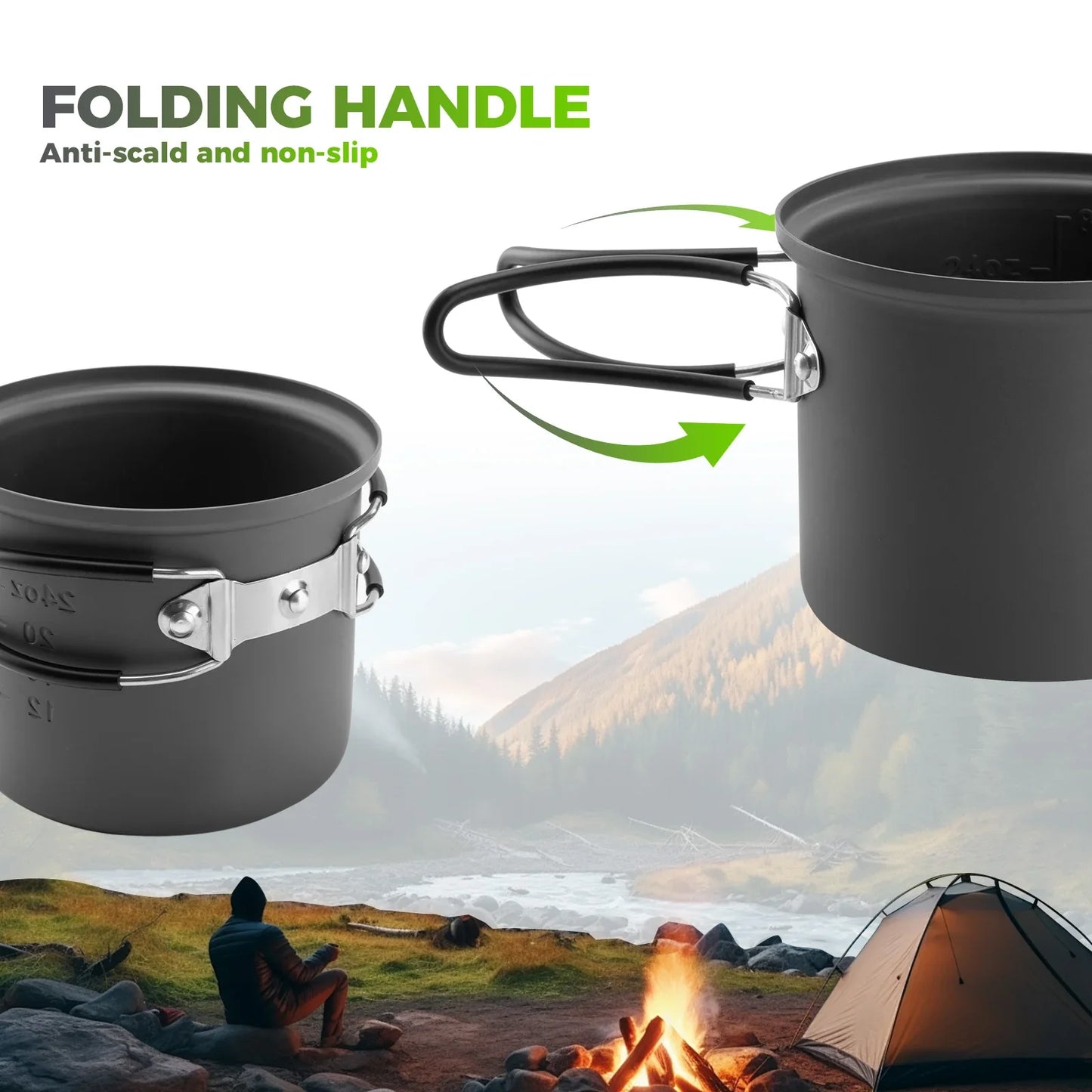 Ultra-Light Aluminum Camping Cookware Set with Nestable Design Handle