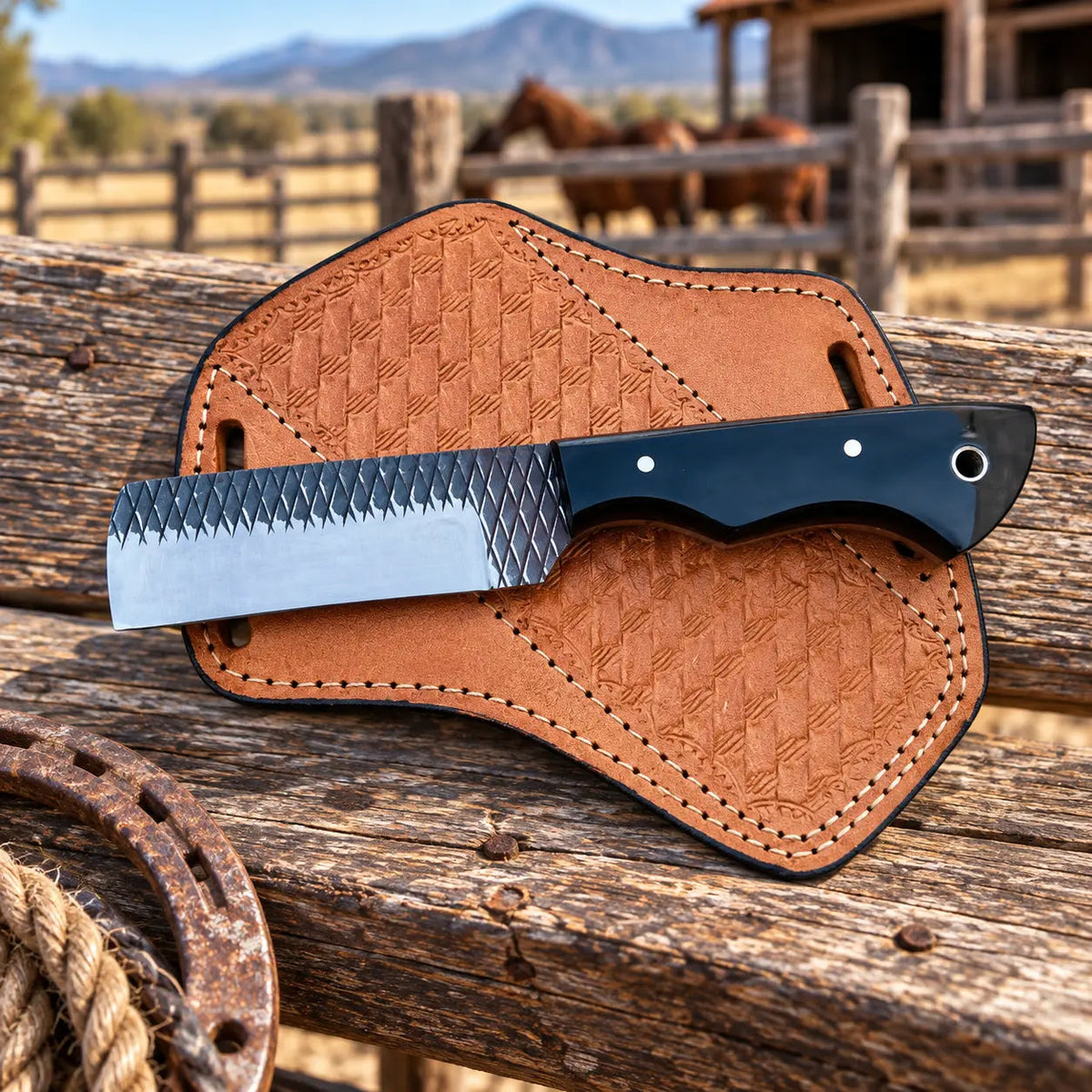 Ironranch Rasp Steel Cowboy Bull Cutter Knife – Resin Handle & Leather Sheath