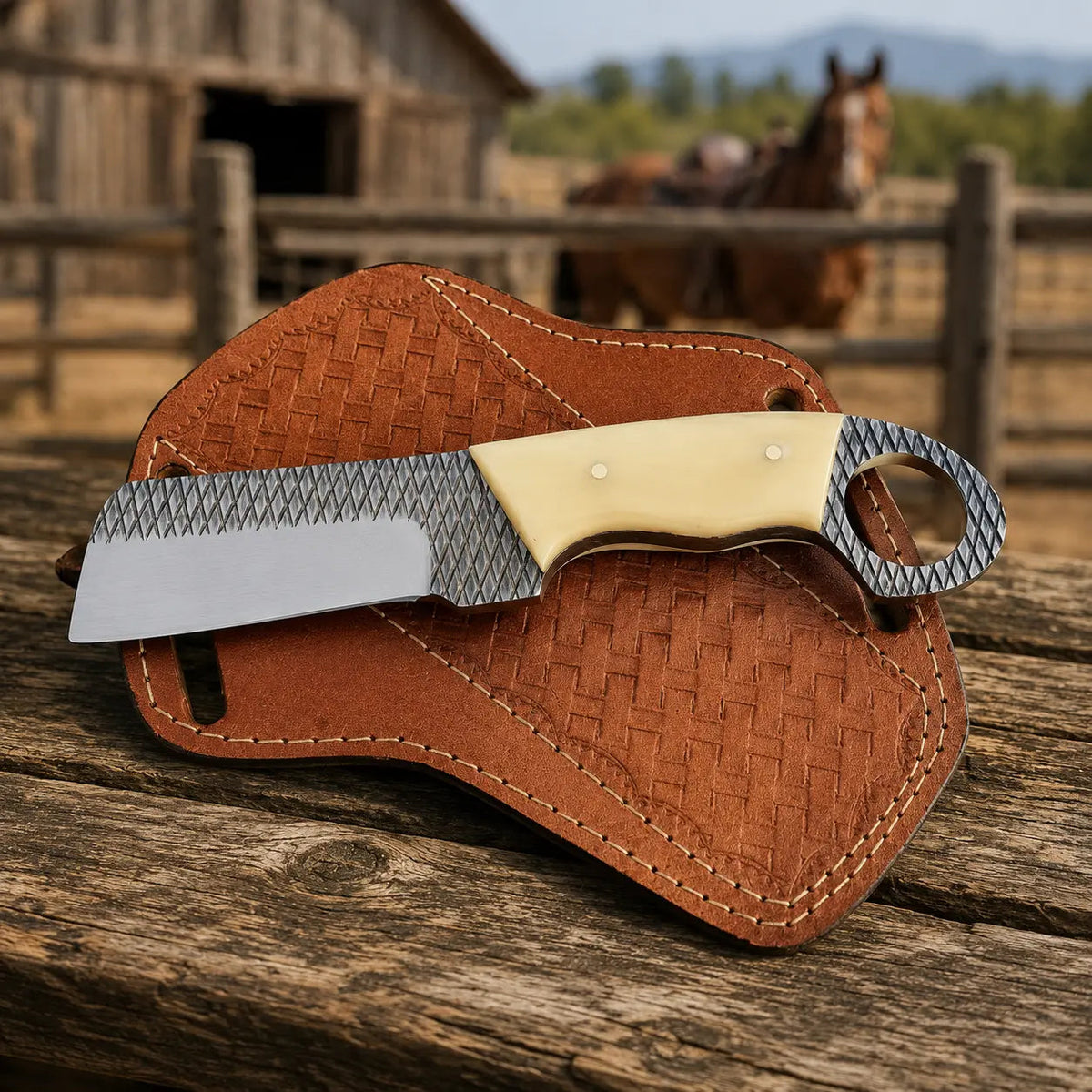 Rasphorn Rasp Steel Cowboy Bull Cutter – Bone Handle & Leather Sheath
